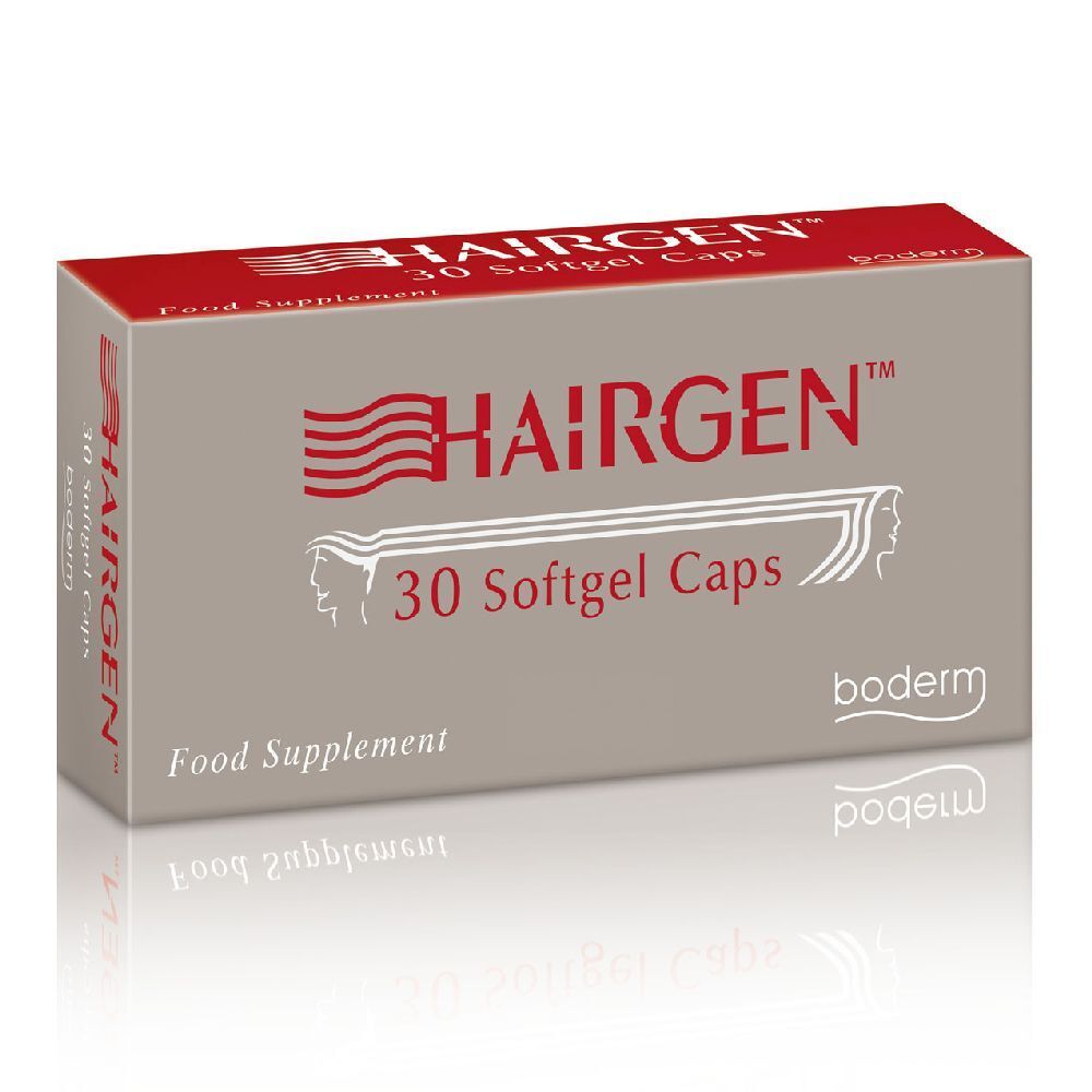 Scatola grigia con coperchio rosso. Scritta HAIRGEN™ e 30 capsule. Marchio: boderm.