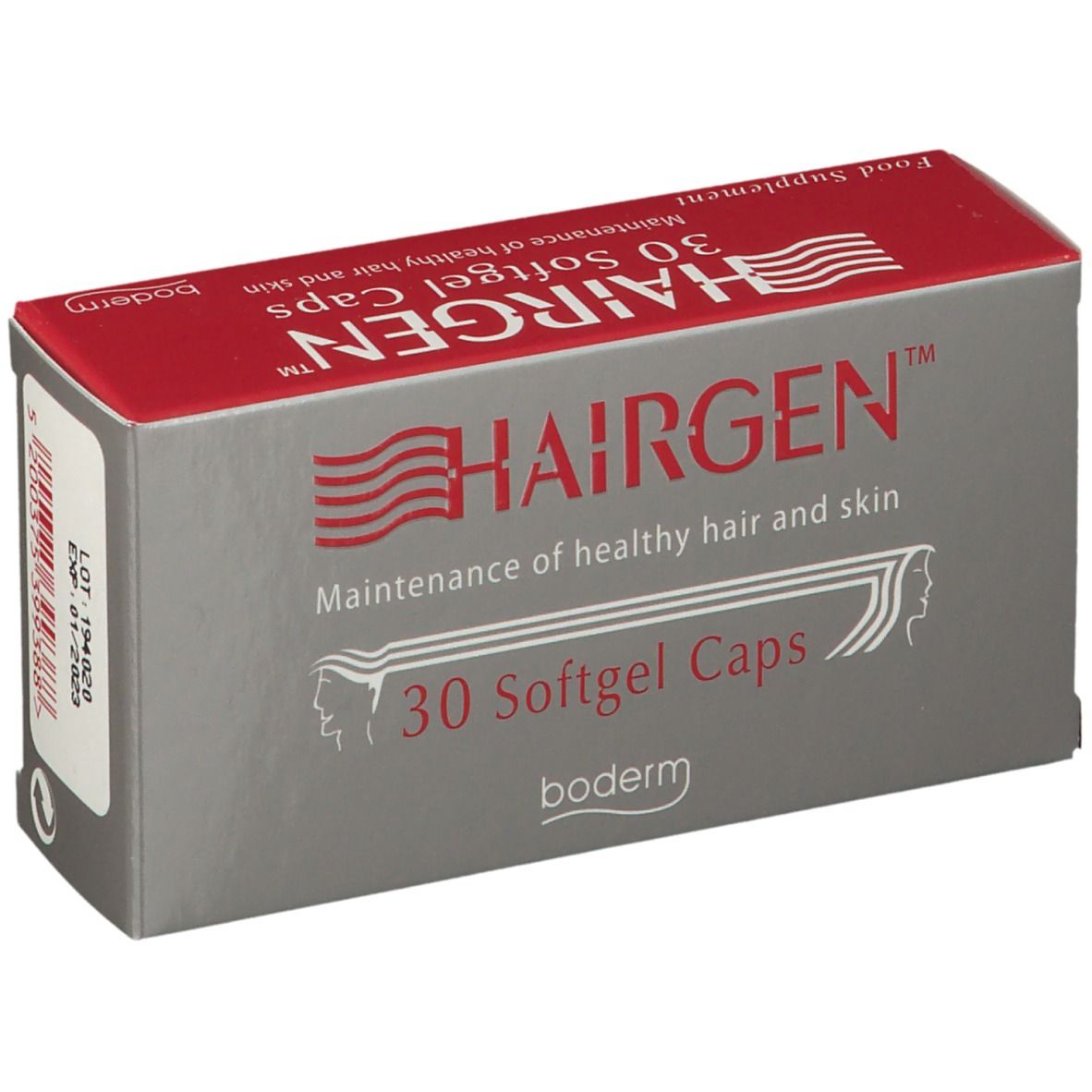 Scatola grigia con coperchio rosso. Scritta HAIRGEN™ e 30 capsule. Marchio: boderm.