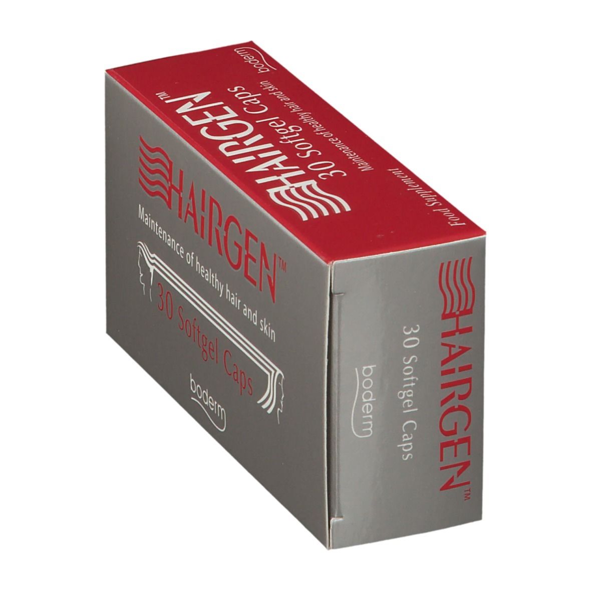 Scatola grigia con coperchio rosso. Scritta HAIRGEN™ e 30 capsule. Marchio: boderm.
