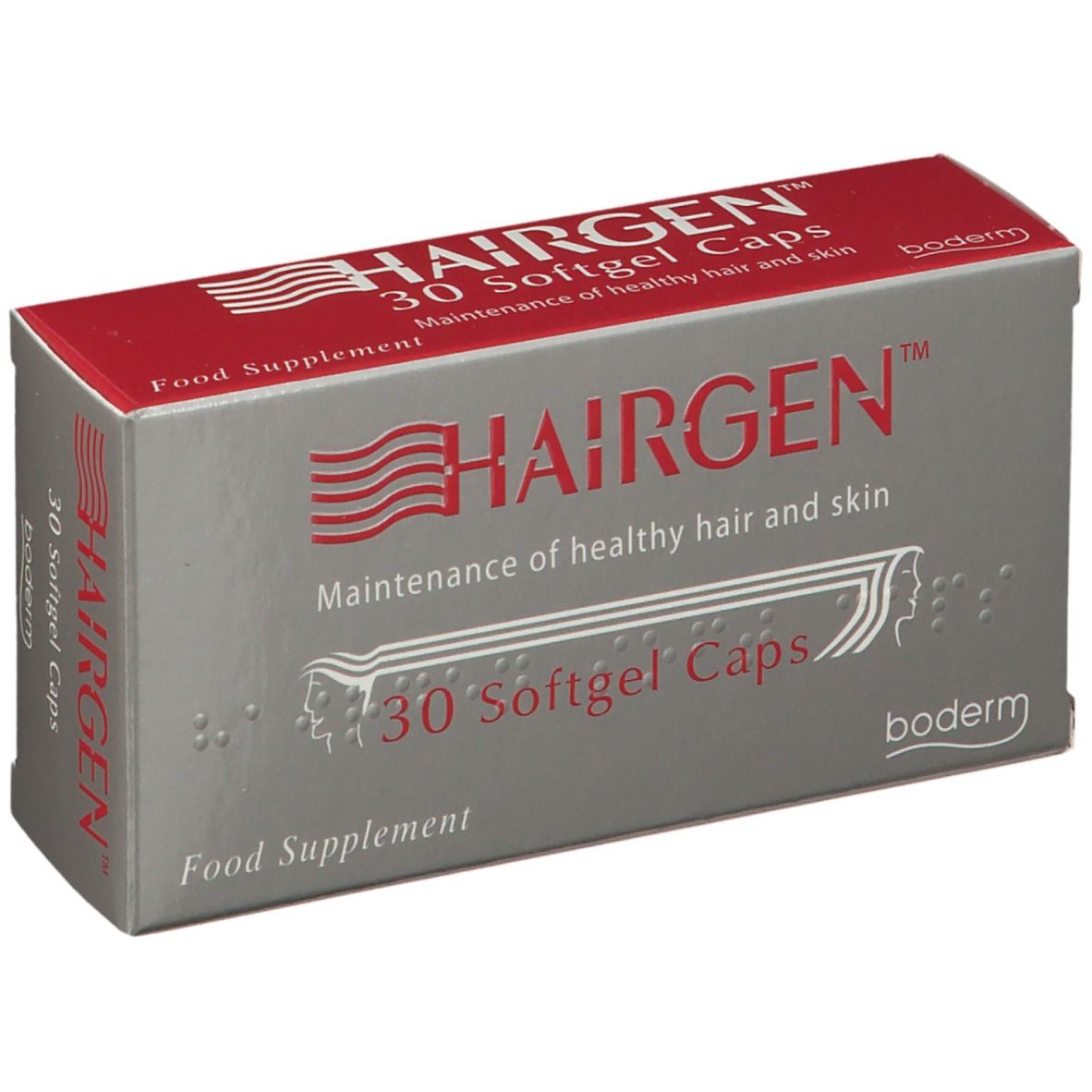 Scatola grigia con coperchio rosso. Scritta HAIRGEN™ e 30 capsule. Marchio: boderm.