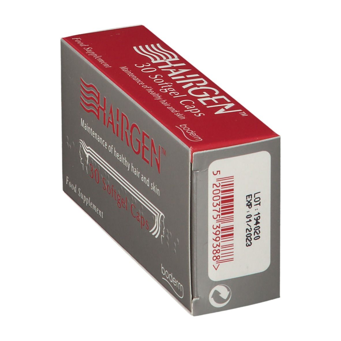 Scatola grigia con coperchio rosso. Scritta HAIRGEN™ e 30 capsule. Marchio: boderm. Con codice a barre e scadenza.