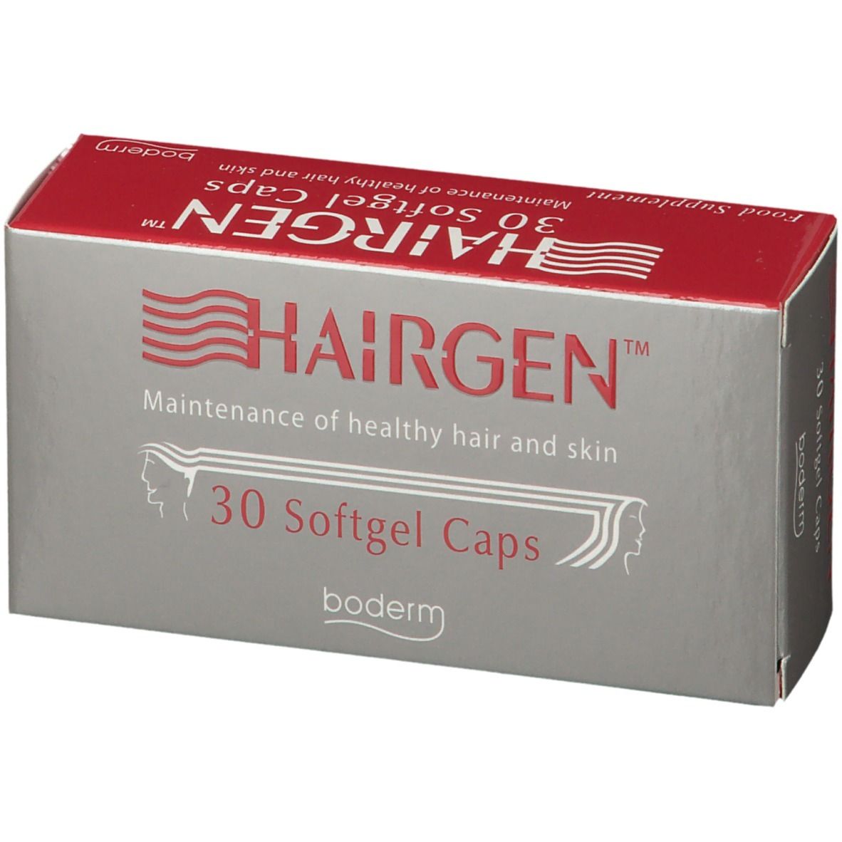 Scatola grigia con coperchio rosso. Scritta HAIRGEN™ e 30 capsule. Marchio: boderm.