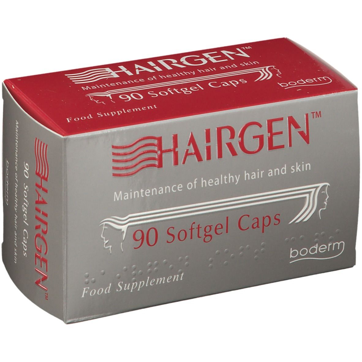 Scatola grigia e rossa HAIRGEN, 90 capsule. Scritta « Maintenance of healthy hair and skin ». Marchio Boderm.