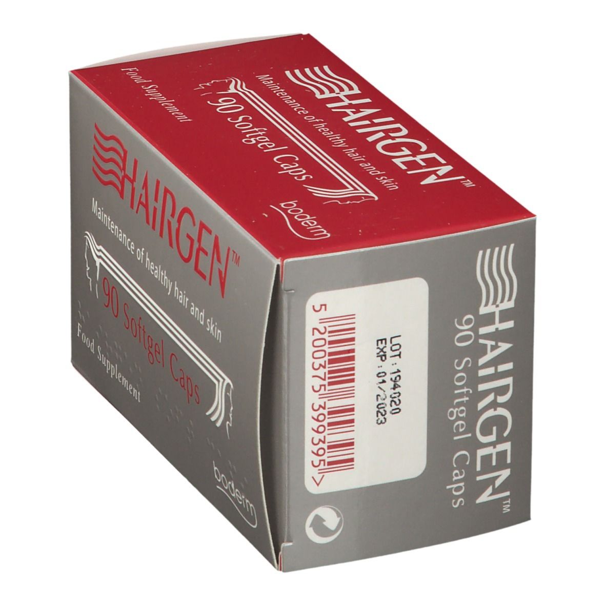 Scatola grigia e rossa HAIRGEN, 90 capsule. Codice a barre e data di scadenza. Marchio Boderm.