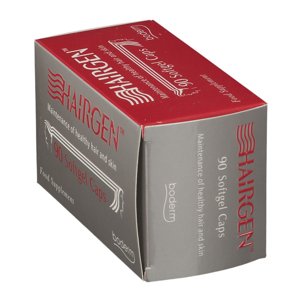 Scatola grigia e rossa HAIRGEN, 90 capsule. Scritta « Maintenance of healthy hair and skin ». Marchio Boderm.