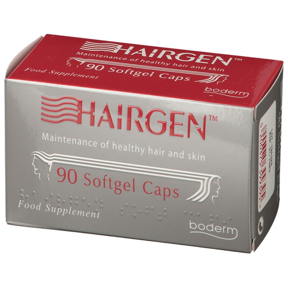 Scatola grigia e rossa HAIRGEN, 90 capsule. Scritta « Maintenance of healthy hair and skin ». Marchio Boderm.