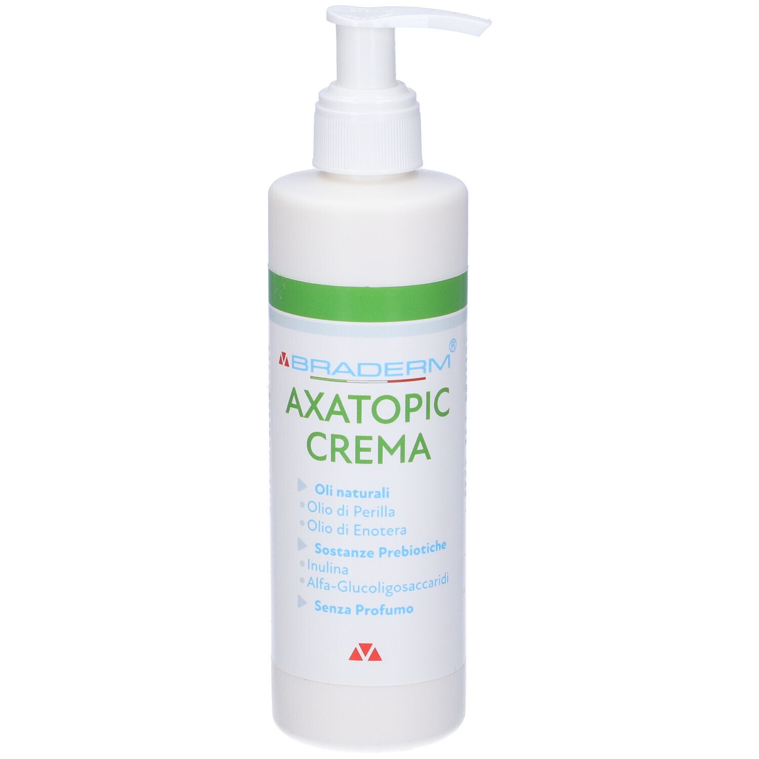 Flacone bianco con pompa e dettagli verdi. Scritta: Axatopic Crema. Contiene oli naturali e prebiotici.