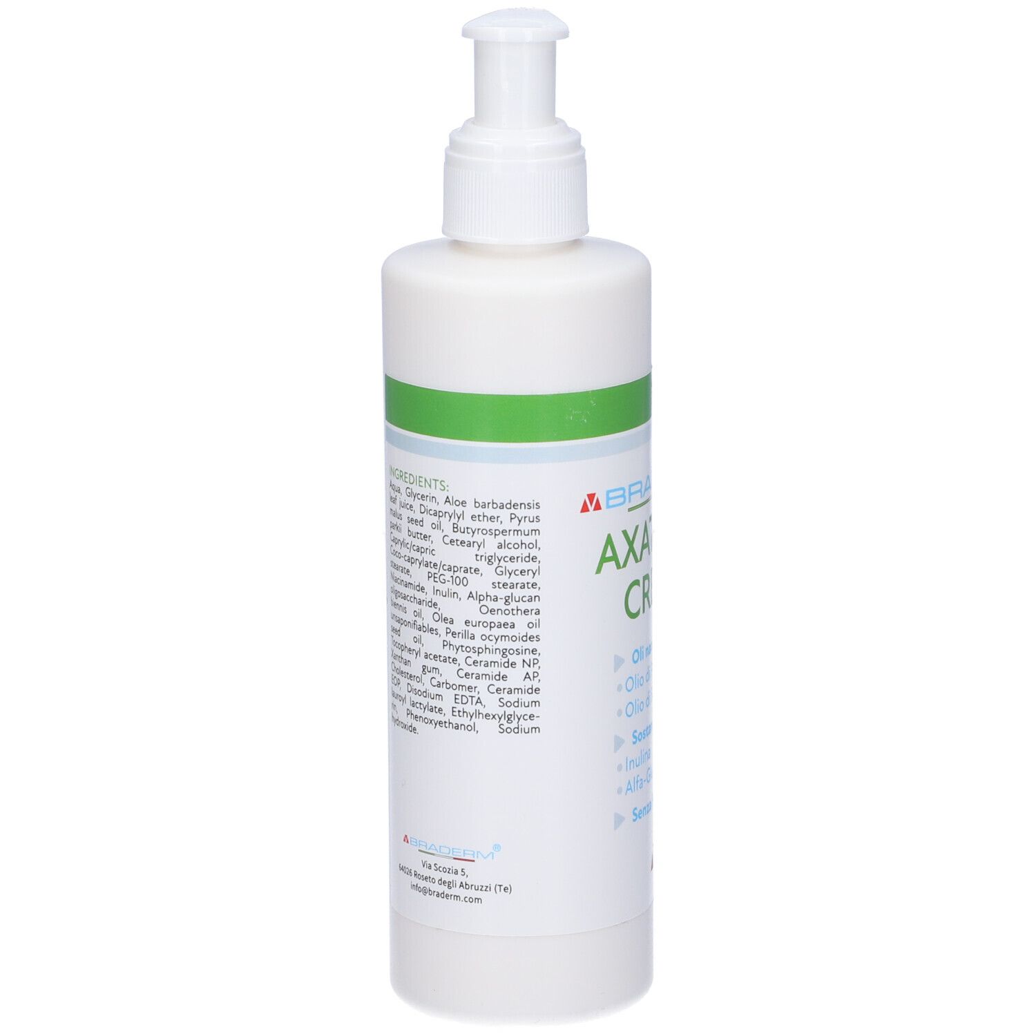 Flacone bianco con pompa e dettagli verdi. Scritta: Axatopic Crema. Contiene oli naturali e prebiotici.