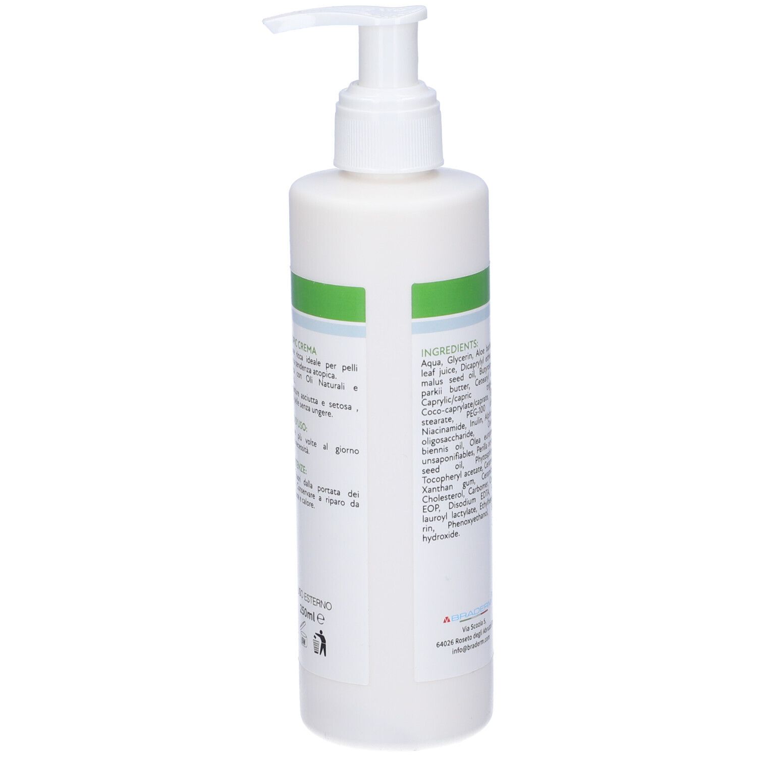 Flacone bianco con pompa e dettagli verdi. Scritta: Axatopic Crema. Contiene oli naturali e prebiotici.