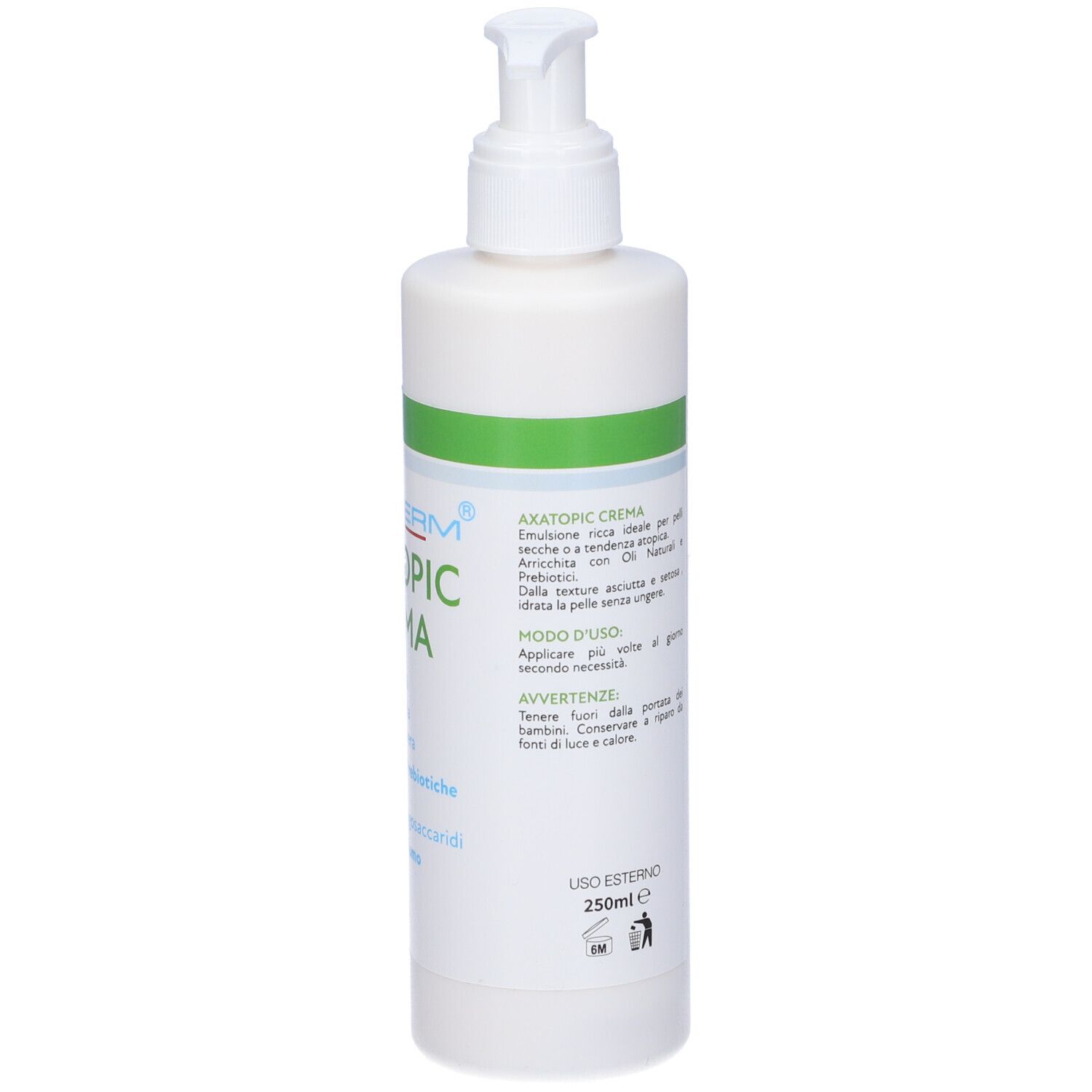 Flacone bianco con pompa e dettagli verdi. Scritta: Axatopic Crema. Contiene oli naturali e prebiotici.