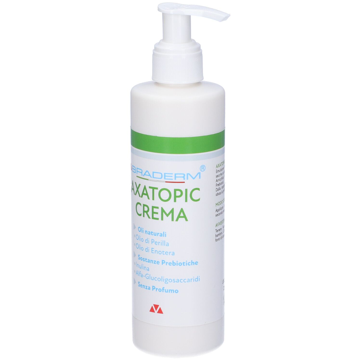 Flacone bianco con pompa e dettagli verdi. Scritta: Axatopic Crema. Contiene oli naturali e prebiotici.