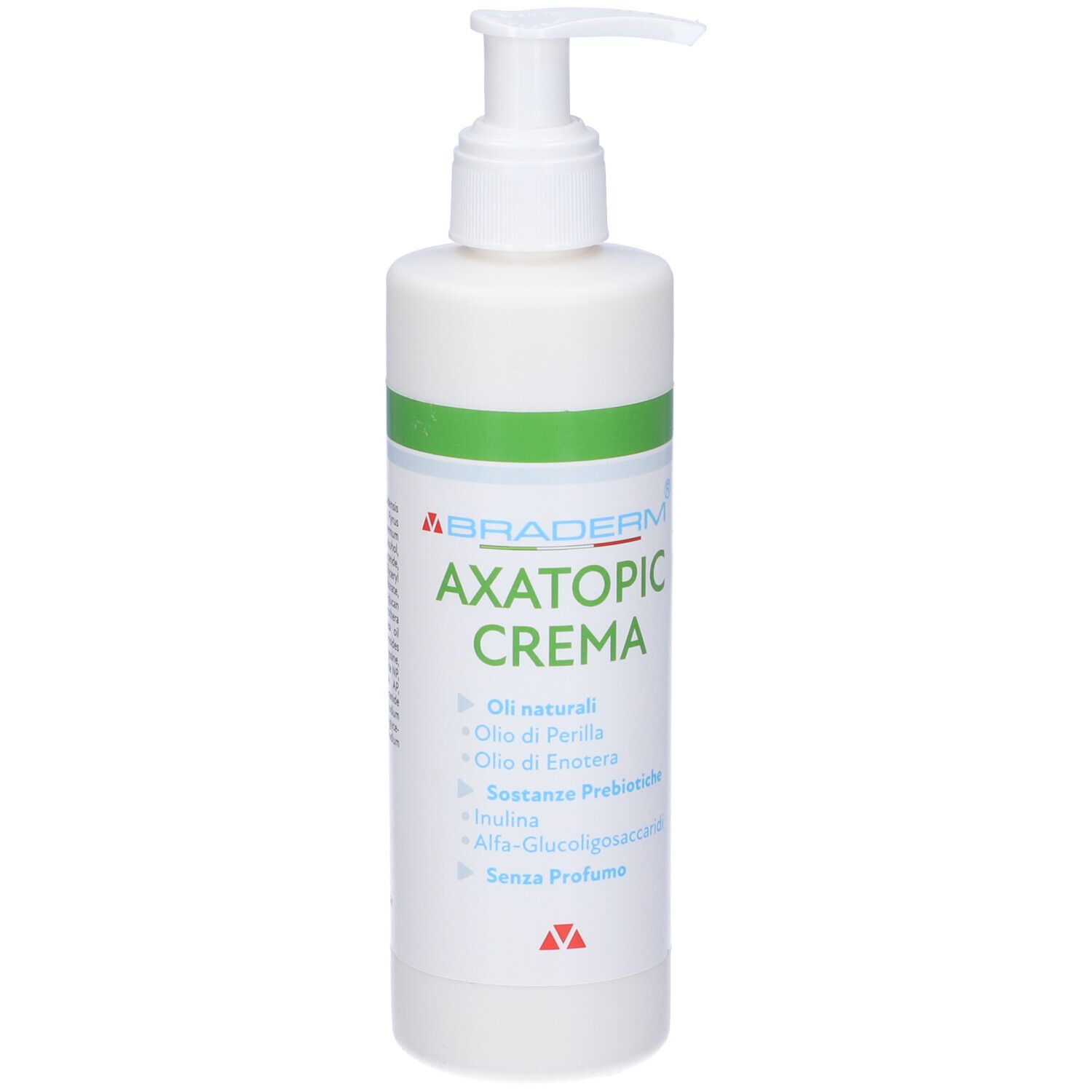 Flacone bianco con pompa e dettagli verdi. Scritta: Axatopic Crema. Contiene oli naturali e prebiotici.