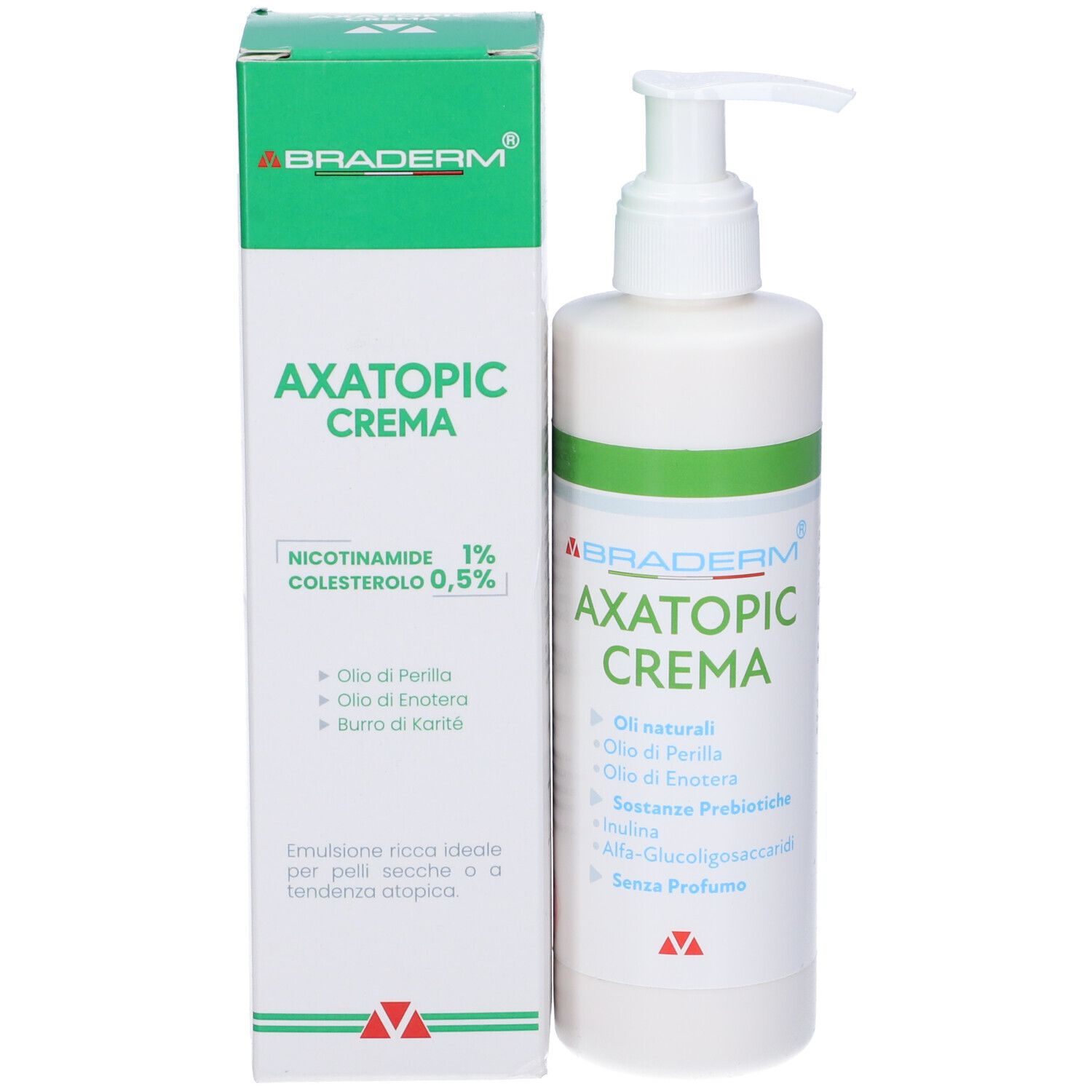 Flacone bianco con pompa e dettagli verdi. Scritta: Axatopic Crema. Accanto, una scatola con la stessa scritta.