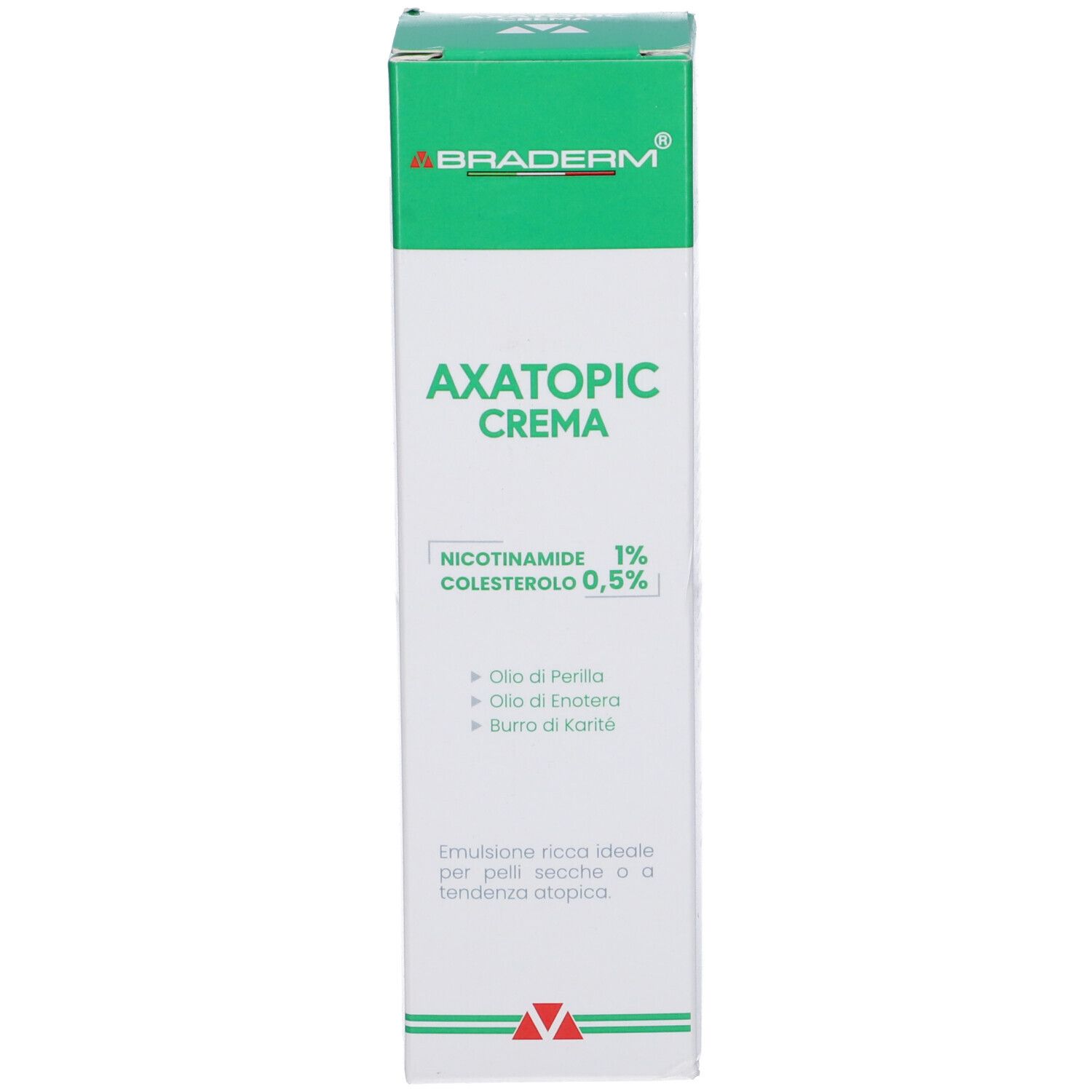 Scatola verde e bianca. Scritta: Axatopic Crema. Contiene nicotinamide e colesterolo.