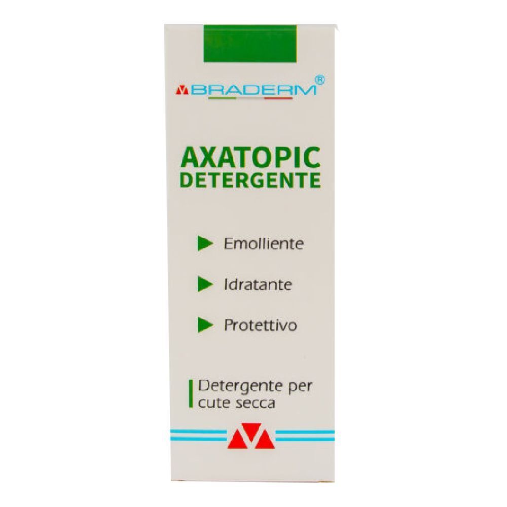 Scatola bianca e verde con nome prodotto e caratteristiche. Testo: Axatopic Detergente, Emolliente, Idratante, Protettivo. Per cute secca.
