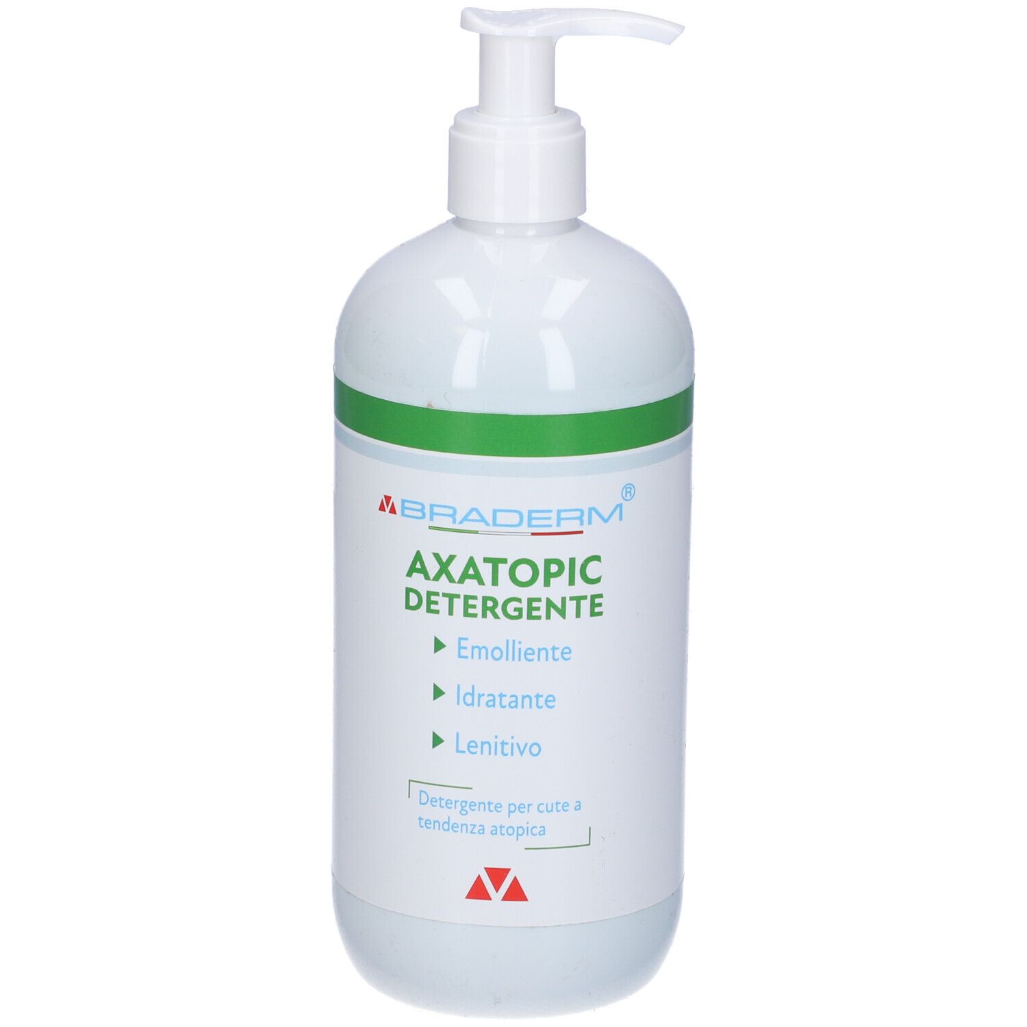 Flacone bianco con dosatore a pompa. Colori bianco e verde. Testo: Axatopic Detergente, Emolliente, Idratante, Lenitivo. Per cute atopica.