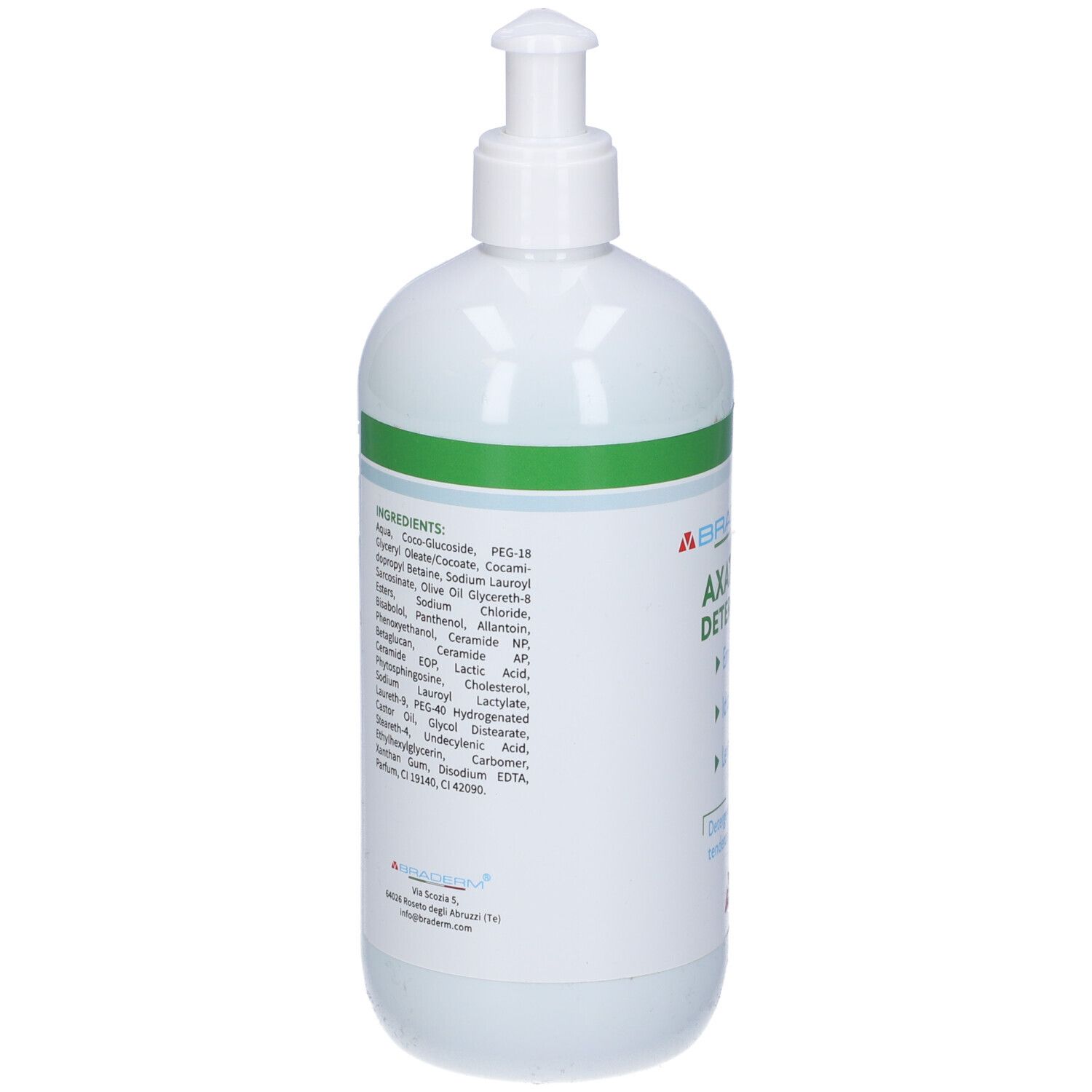 Flacone bianco con dosatore a pompa. Retro con ingredienti. Testo: Aqua, Coco-Glucoside, Glycerin, Sodium Laureth Sulfate, etc.