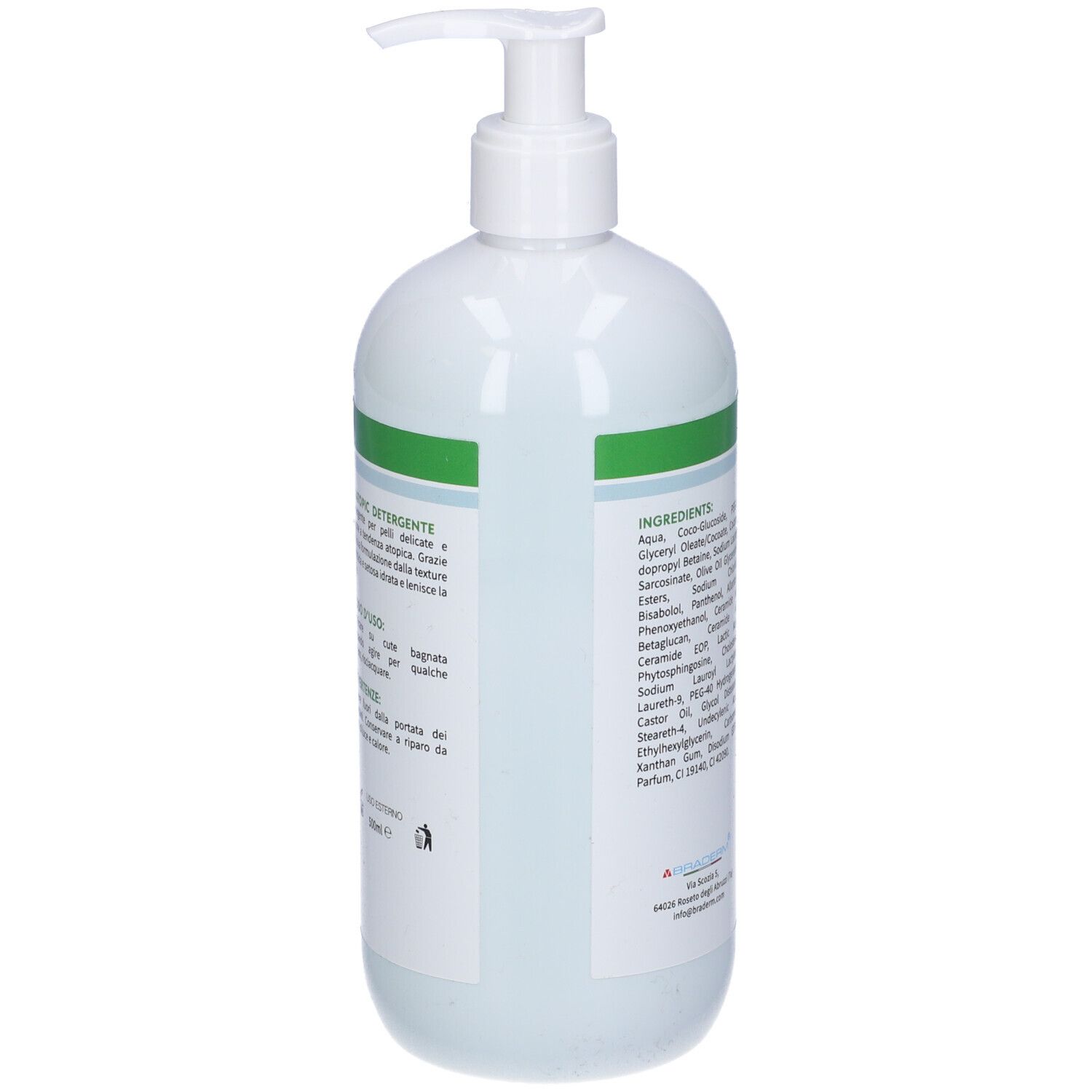 Flacone bianco con dosatore a pompa. Retro con testo. Testo: Detergente per pelli sensibili, Modo d'uso, Avvertenze.