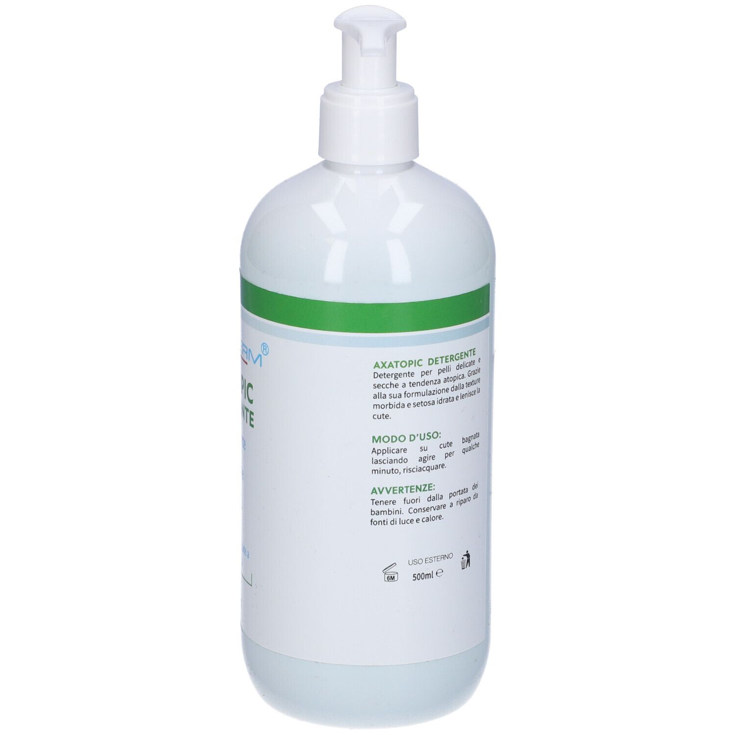 Flacone bianco con dosatore a pompa. Retro con testo. Testo: Axatopic Detergente, Modo d'uso, Avvertenze, 500ml.