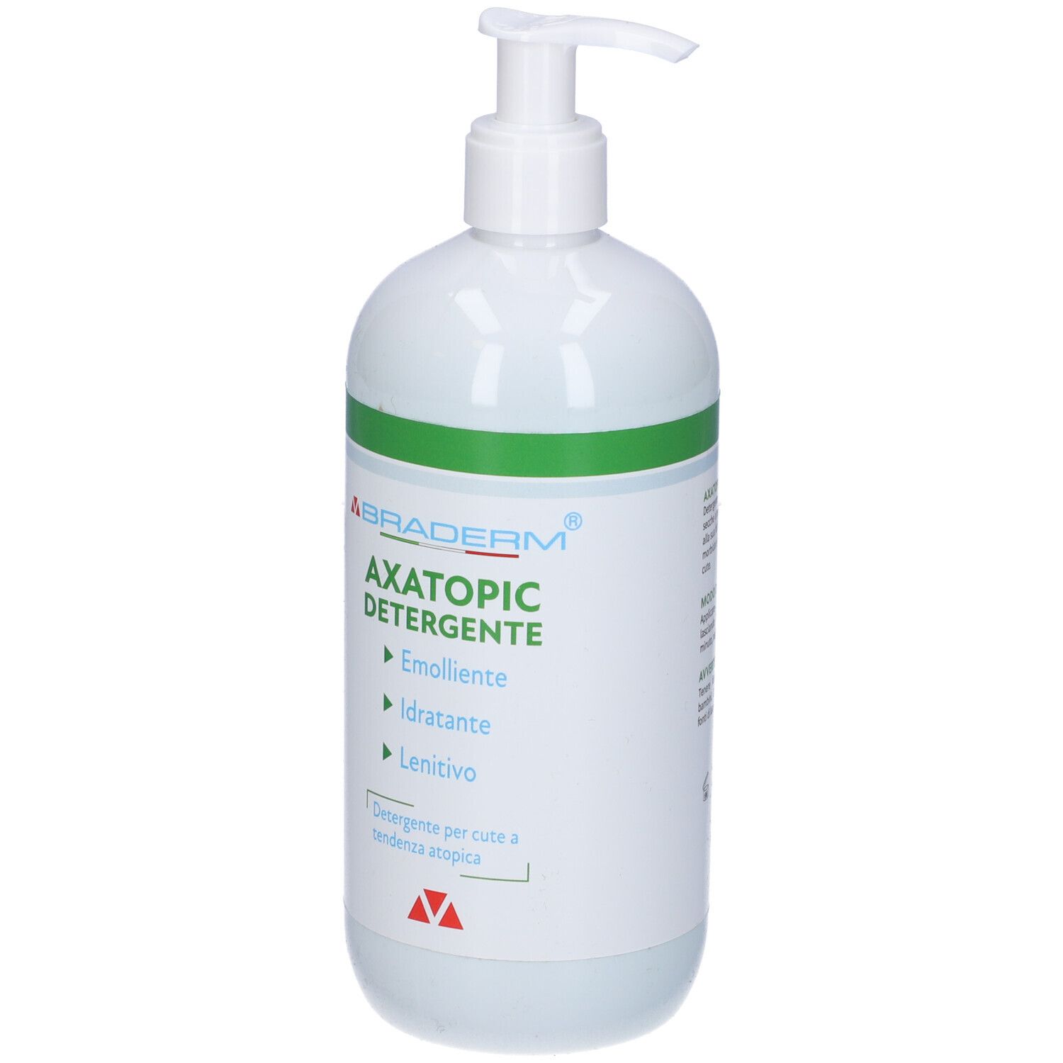 Flacone bianco con dosatore a pompa. Colori bianco e verde. Testo: Axatopic Detergente, Emolliente, Idratante, Lenitivo. Per cute atopica.