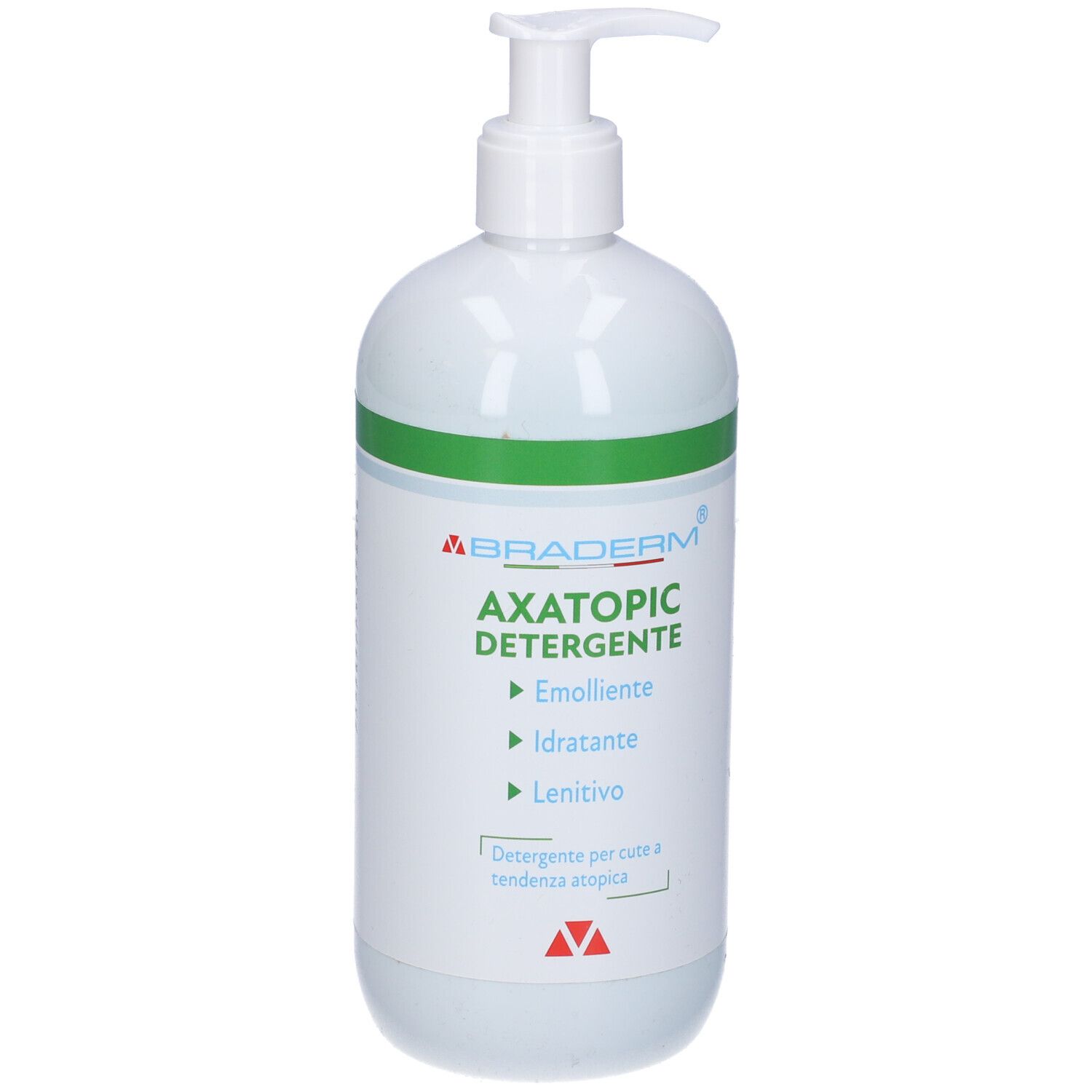 Flacone bianco con dosatore a pompa. Colori bianco e verde. Testo: Axatopic Detergente, Emolliente, Idratante, Lenitivo. Per cute atopica.