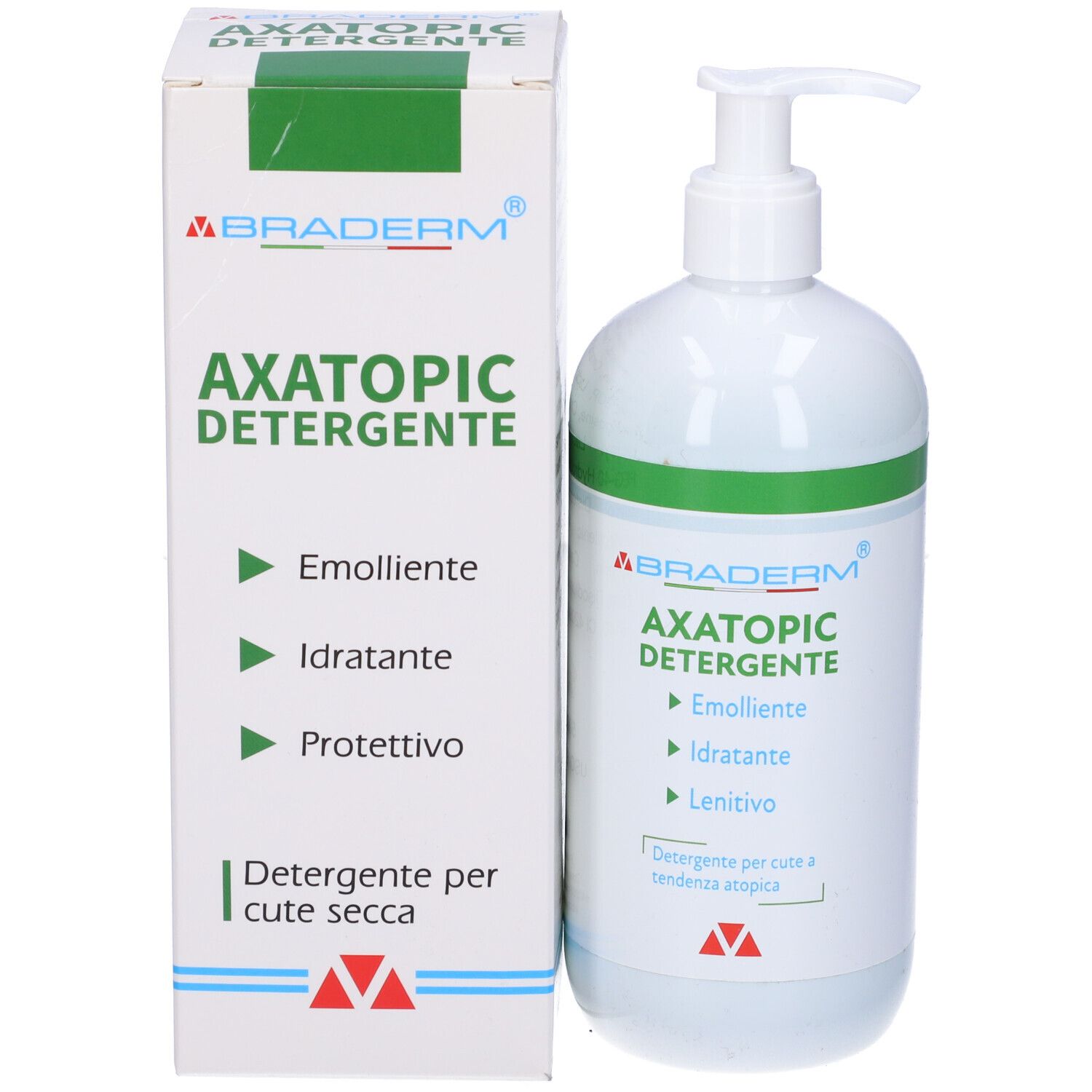 Prodotto e confezione. Flacone bianco con dosatore a pompa e scatola. Testo: Axatopic Detergente, Emolliente, Idratante, Protettivo.