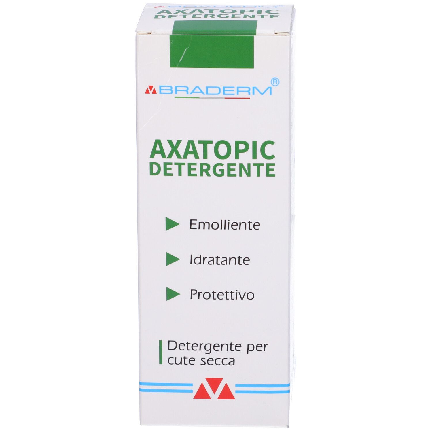 Scatola con nome prodotto e caratteristiche. Colori bianco e verde. Testo: Axatopic Detergente, Emolliente, Idratante, Protettivo.