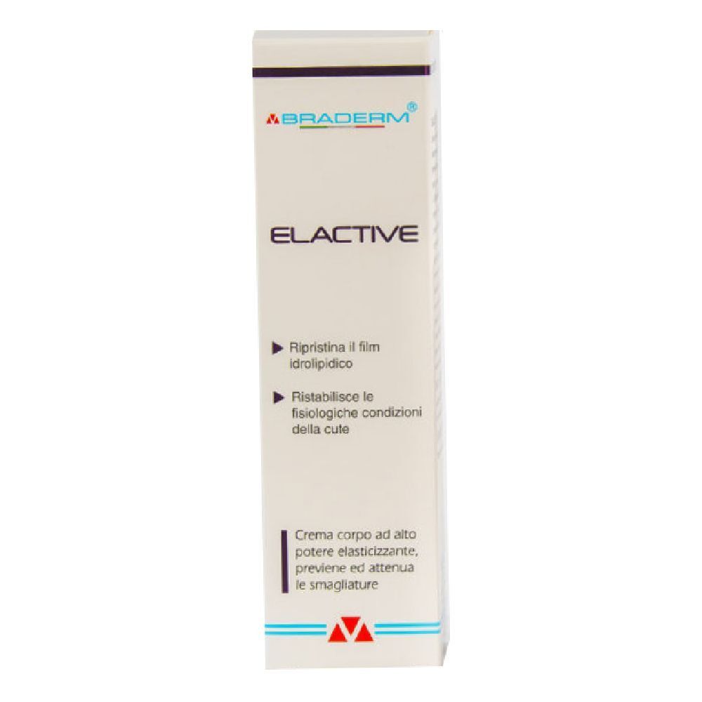 Prodotto bianco in confezione rettangolare. Testo: Elactive, Braderm. Contiene informazioni per la cura della pelle.