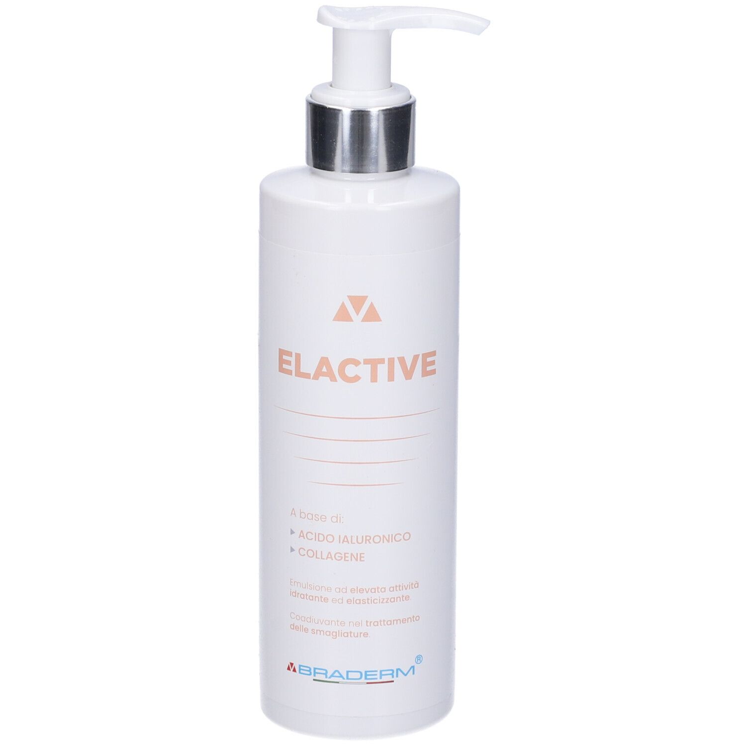 Flacone bianco con dosatore. Testo: Elactive, Braderm. Contiene acido ialuronico e collagene.