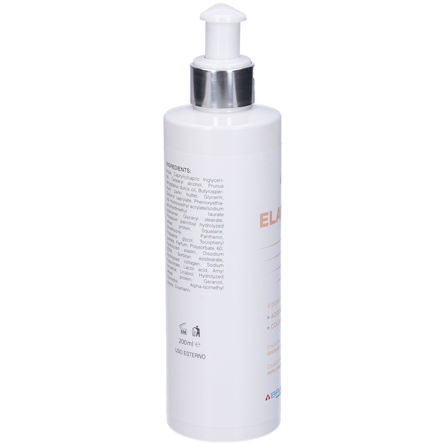Flacone bianco con dosatore. Testo: Elactive, Braderm. Contiene ingredienti e informazioni.