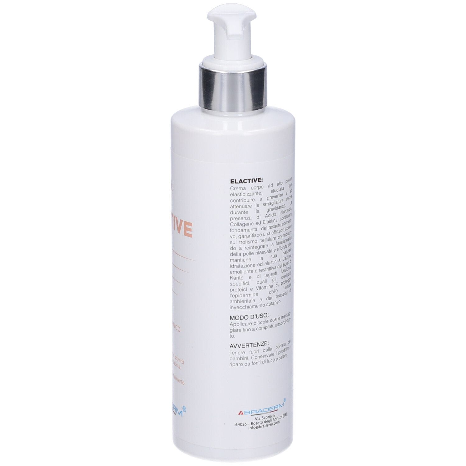 Flacone bianco con dosatore. Testo: Elactive, Braderm. Contiene informazioni per l'uso.