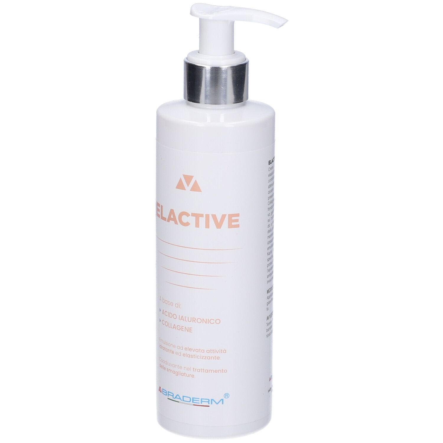 Flacone bianco con dosatore. Testo: Elactive, Braderm. Contiene acido ialuronico e collagene.