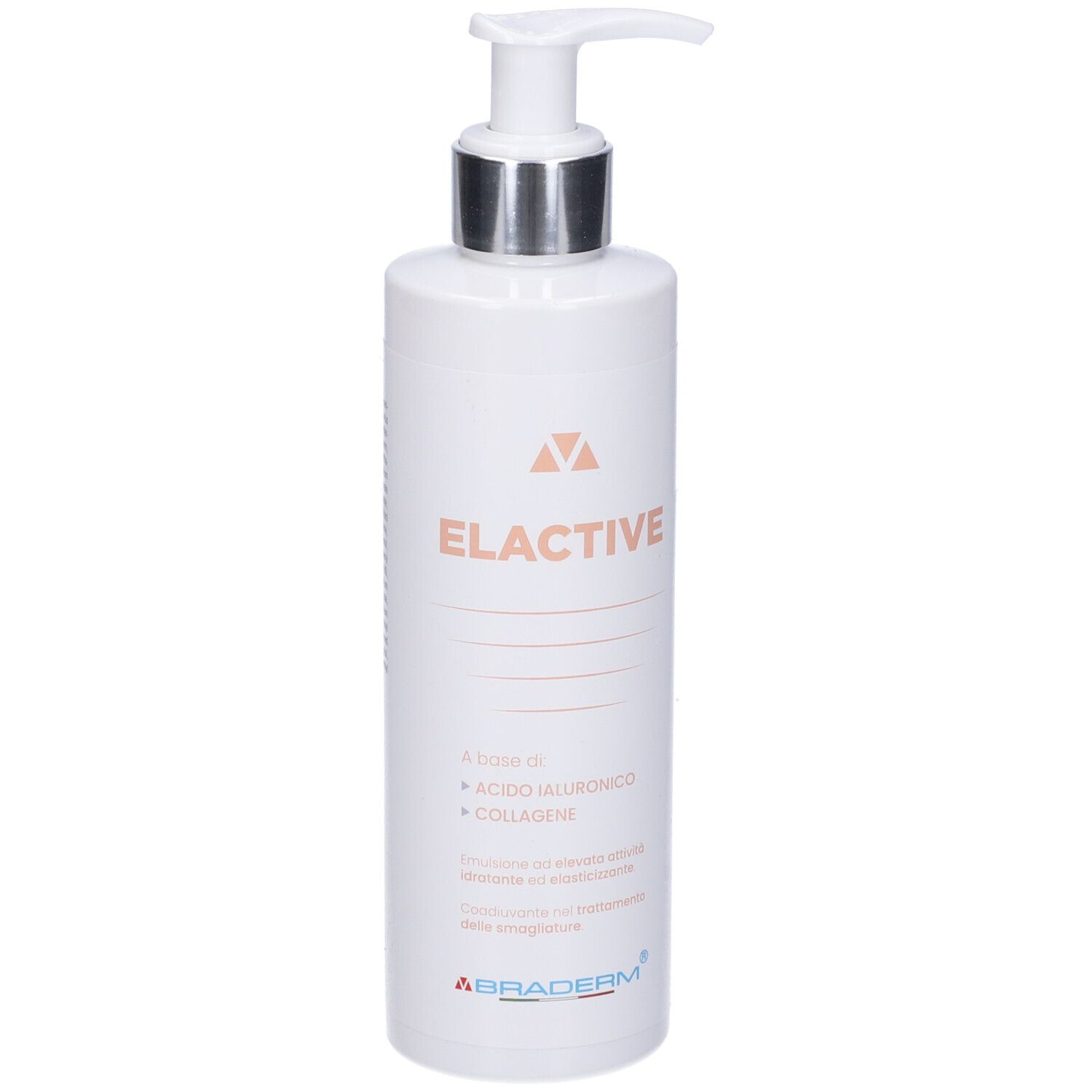 Flacone bianco con dosatore. Testo: Elactive, Braderm. Contiene acido ialuronico e collagene.