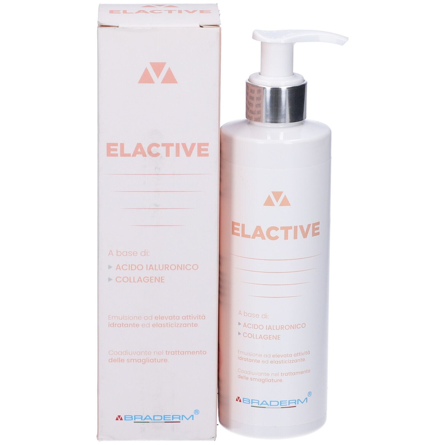 Flacone e confezione bianchi. Testo: Elactive, Braderm. Contiene acido ialuronico e collagene.