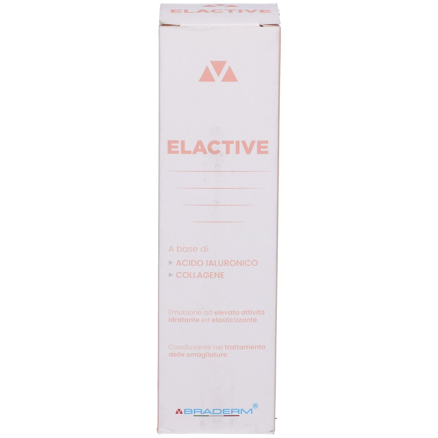 Confezione bianca. Testo: Elactive, Braderm. Contiene acido ialuronico e collagene.