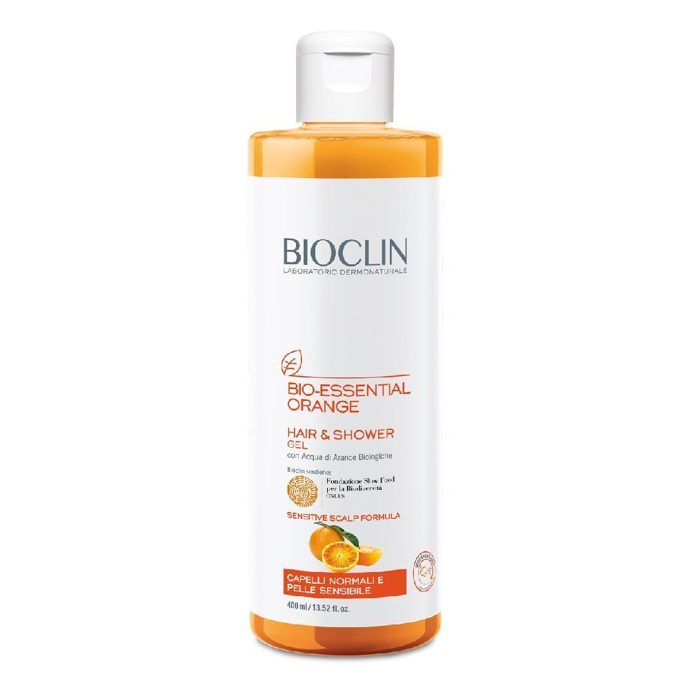BIOCLIN Bio-Essential Orange. Flacone di shampoo. Scritta: Hair & Shower Gel. Per cuoio capelluto normale. Prodotto arancione.