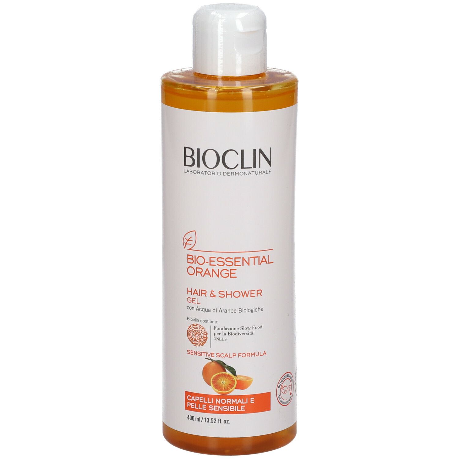 BIOCLIN Bio-Essential Orange. Flacone di gel doccia. Scritta: Hair & Shower Gel. Per cuoio capelluto normale. Prodotto arancione.