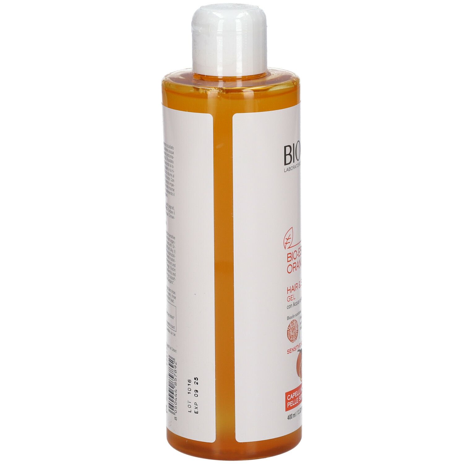 BIOCLIN Bio-Essential Orange. Flacone di gel doccia. Vista posteriore. Scritta: Hair & Shower Gel. Per cuoio capelluto normale. Prodotto arancione.