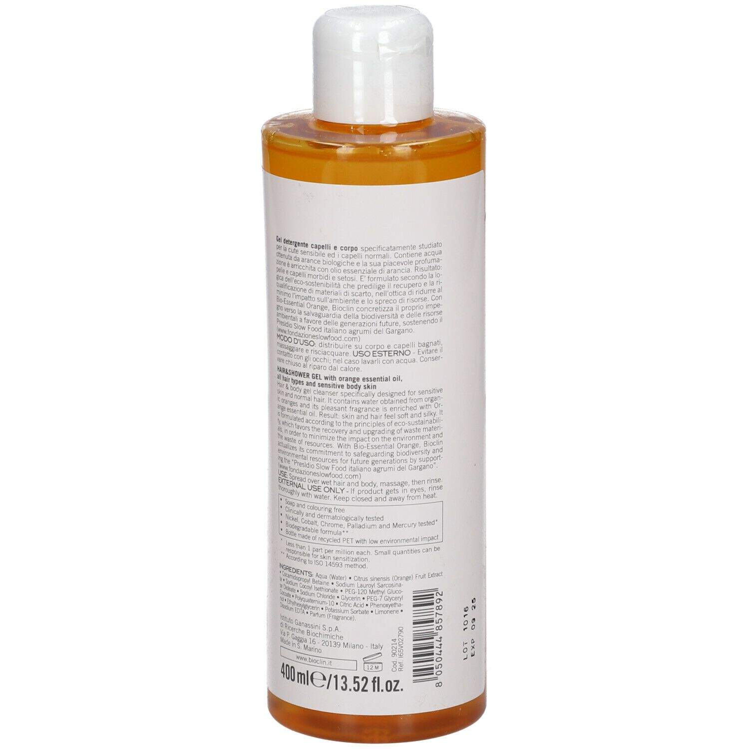 BIOCLIN Bio-Essential Orange. Flacone di gel doccia. Retro con testo. Scritta: Hair & Shower Gel. Per cuoio capelluto normale. Prodotto arancione.
