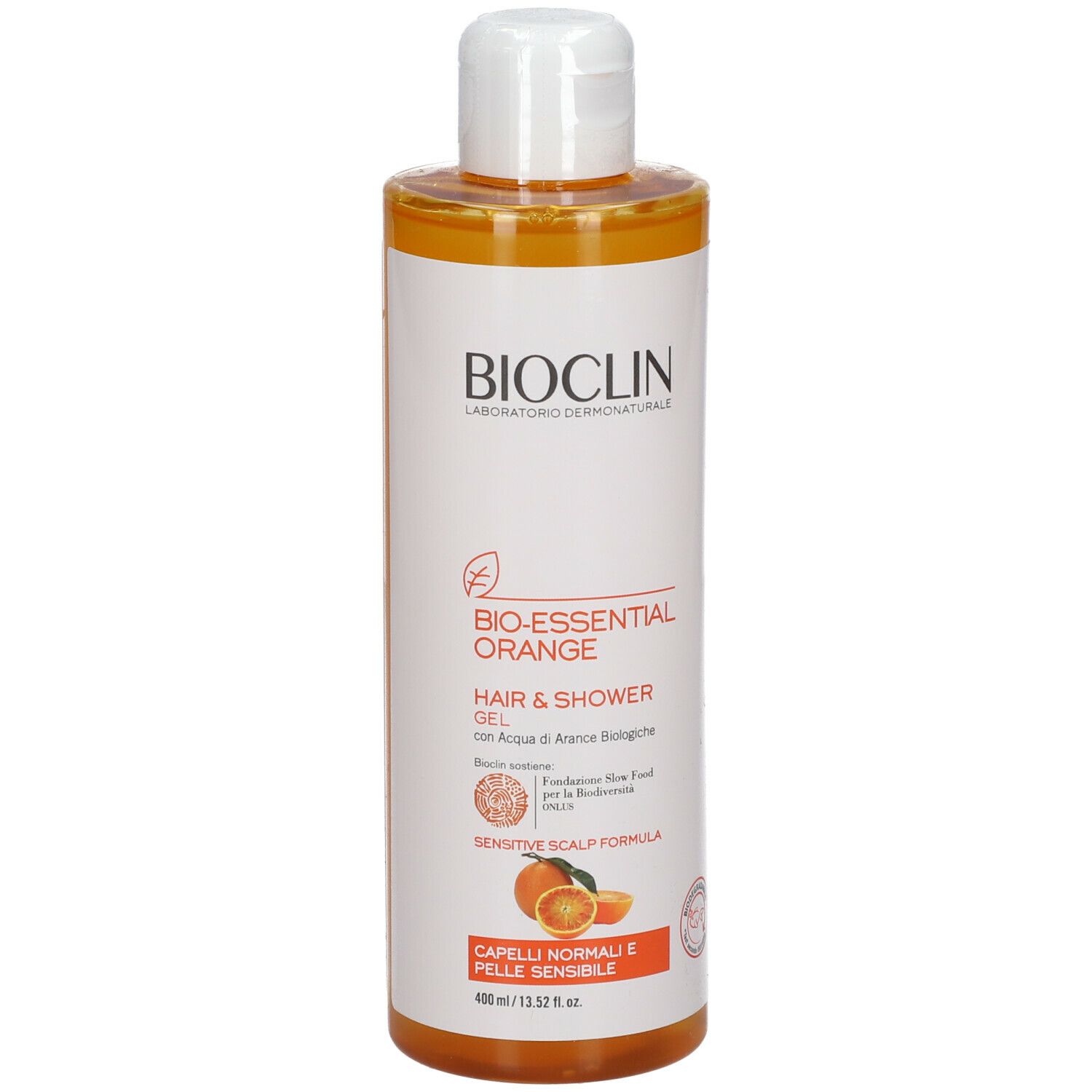 BIOCLIN Bio-Essential Orange. Flacone di gel doccia. Scritta: Hair & Shower Gel. Per cuoio capelluto normale. Prodotto arancione.