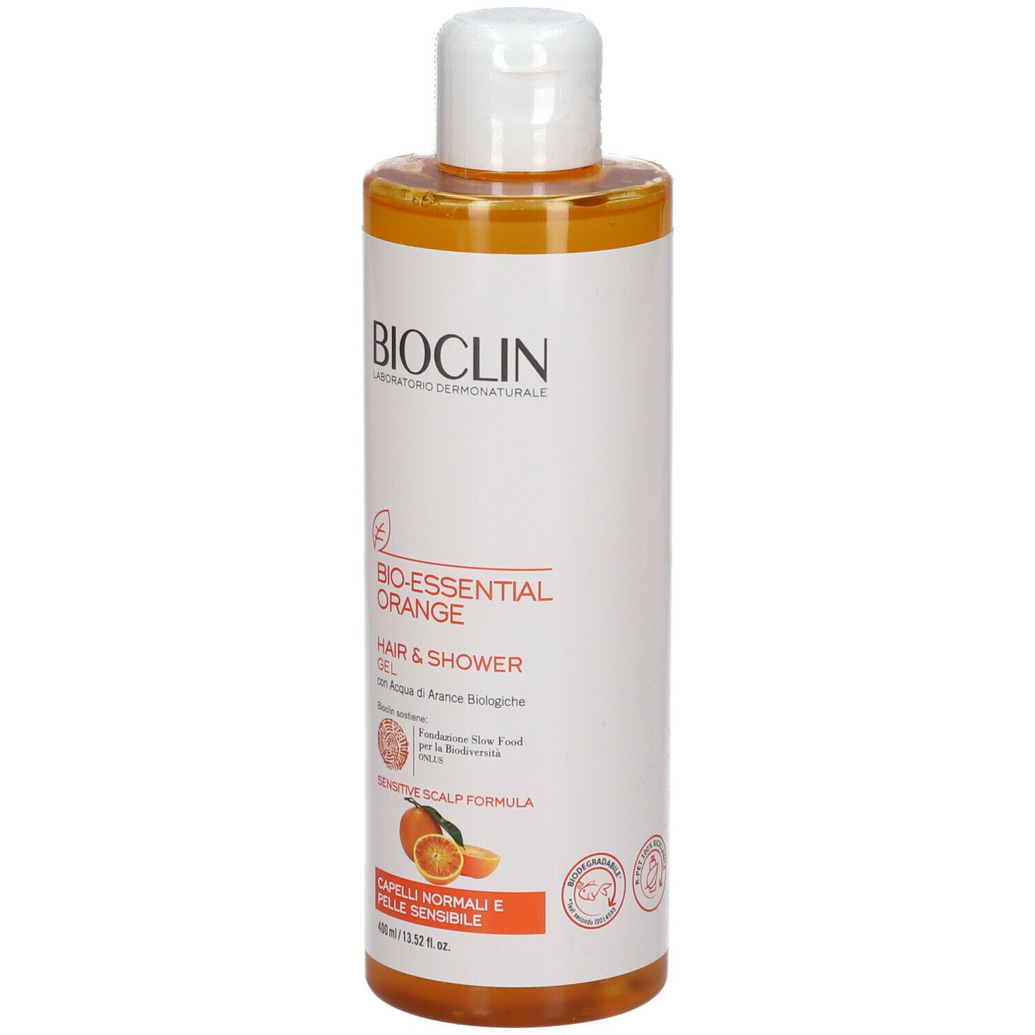 BIOCLIN Bio-Essential Orange. Flacone di gel doccia. Scritta: Hair & Shower Gel. Per cuoio capelluto normale. Prodotto arancione.