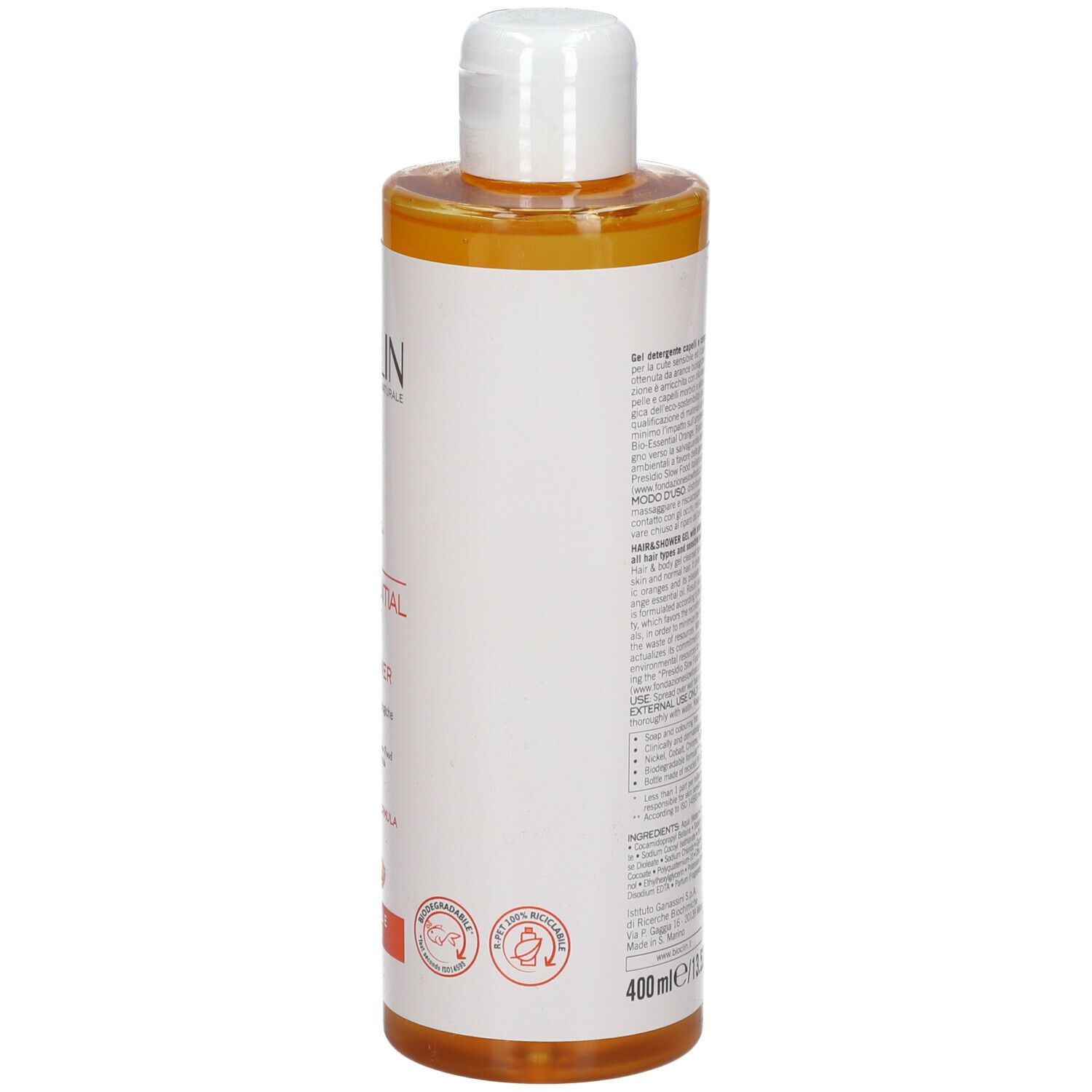 BIOCLIN Bio-Essential Orange. Flacone di gel doccia. Vista posteriore. Scritta: Hair & Shower Gel. Per cuoio capelluto normale. Prodotto arancione.