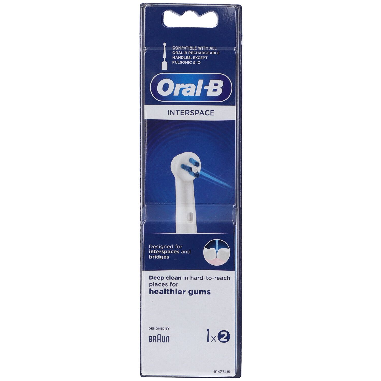 Due testine Oral-B Interspace in confezione. Testine bianche con setole blu. Nome e logo del prodotto visibili.