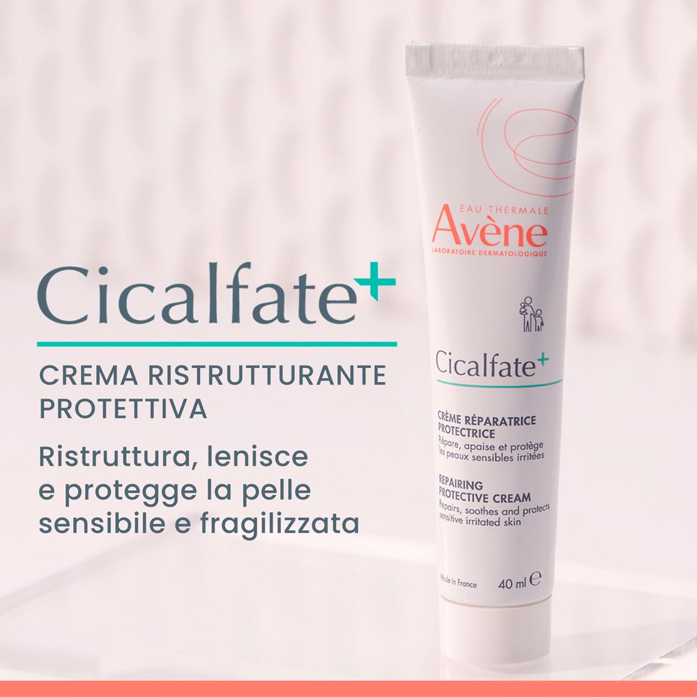 Tubo di crema Avène Cicalfate+. Testo con « Cicalfate+ » e « CREMA RISTRUTTURANTE PROTETTIVA ».