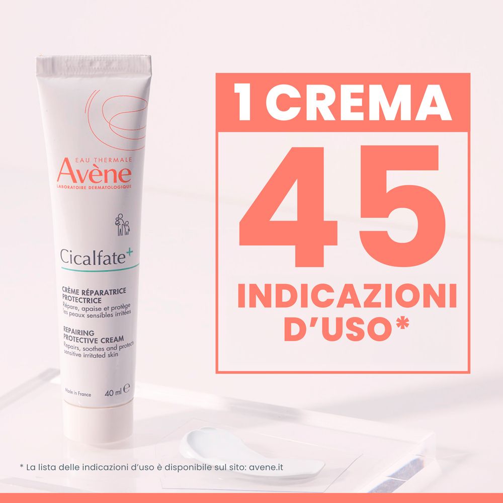 Tubo di crema Avène Cicalfate+. Testo: « 1 CREMA 45 INDICAZIONI D'USO* ».