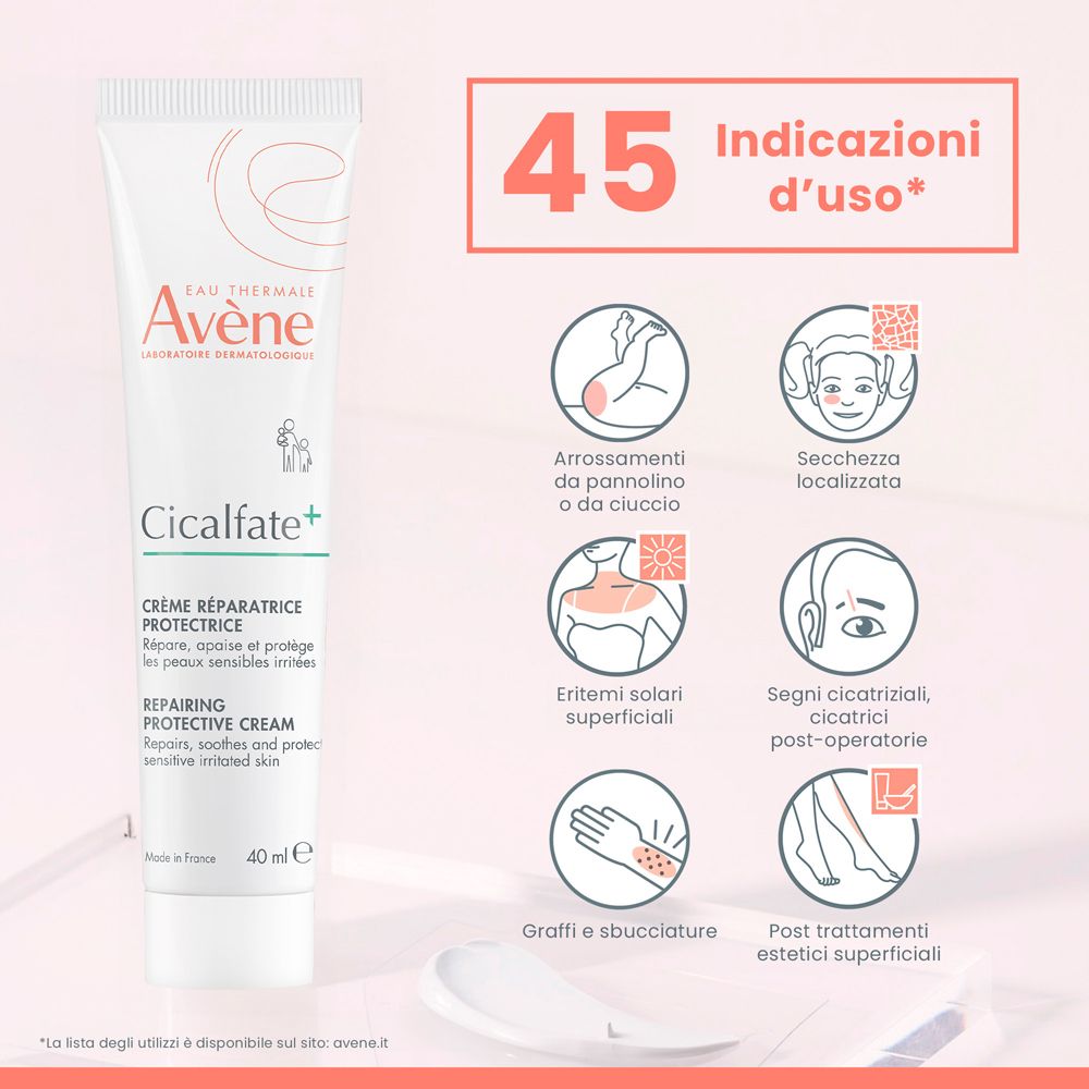 Tubo di crema Avène Cicalfate+. Testo: « 45 INDICAZIONI D'USO* » e pittogrammi.