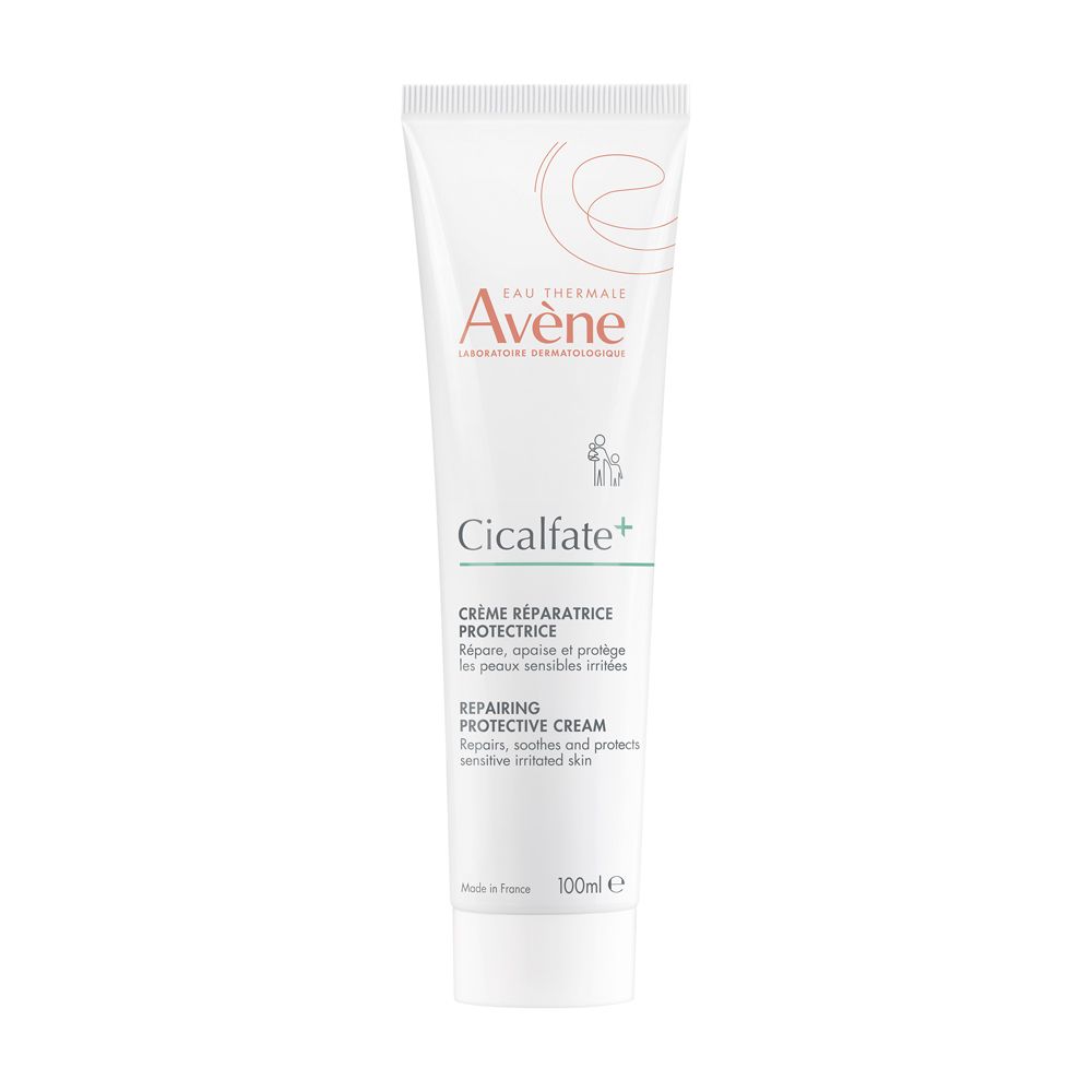 Tubo bianco Avène Cicalfate+. Crema riparatrice protettiva. 100ml. Logo Avène e testo in italiano.