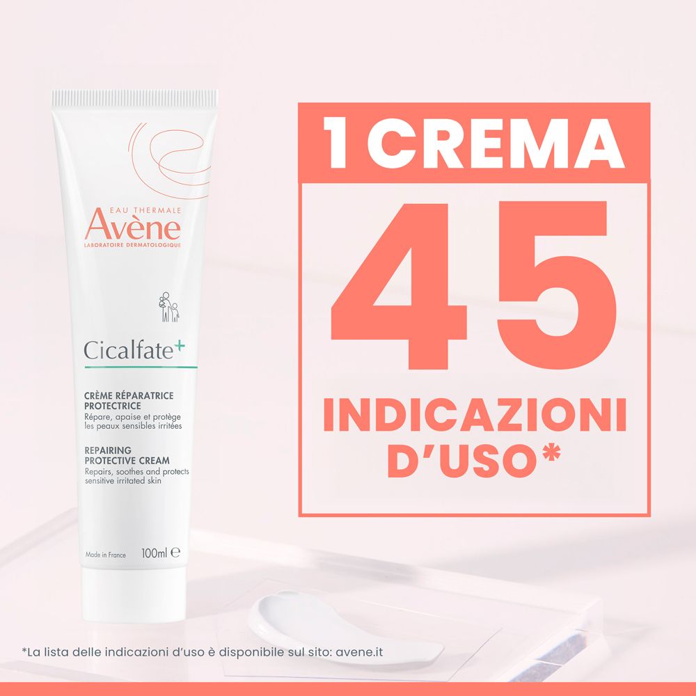 Tubo Avène Cicalfate+ crema accanto a campo rosso con testo: 1 Crema, 45 Indikazioni d'uso.