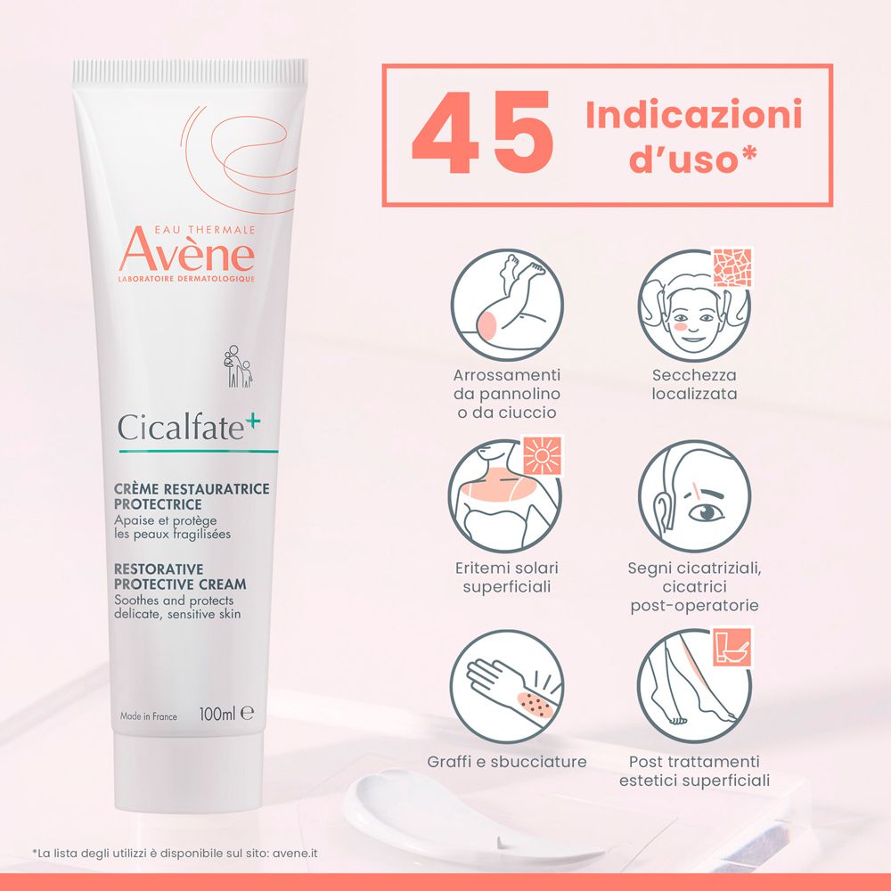 Tubo Avène Cicalfate+ crema accanto a campo rosso con 45 Indikazioni d'uso. Icone.