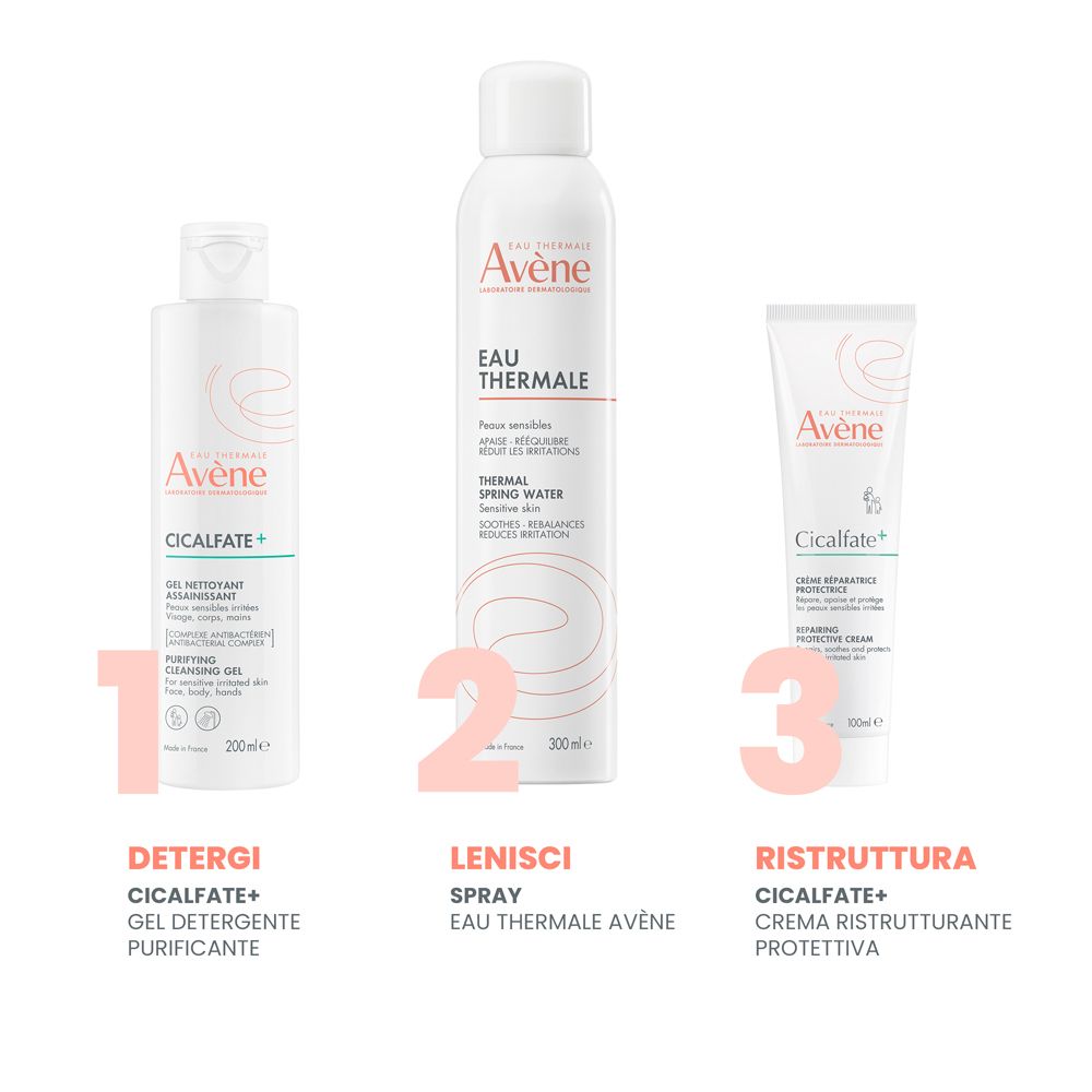 Tre prodotti Avène: Gel, Spray, Crema. Testo: Detergi, Lenisci, Ristruttura. Cicalfate+.